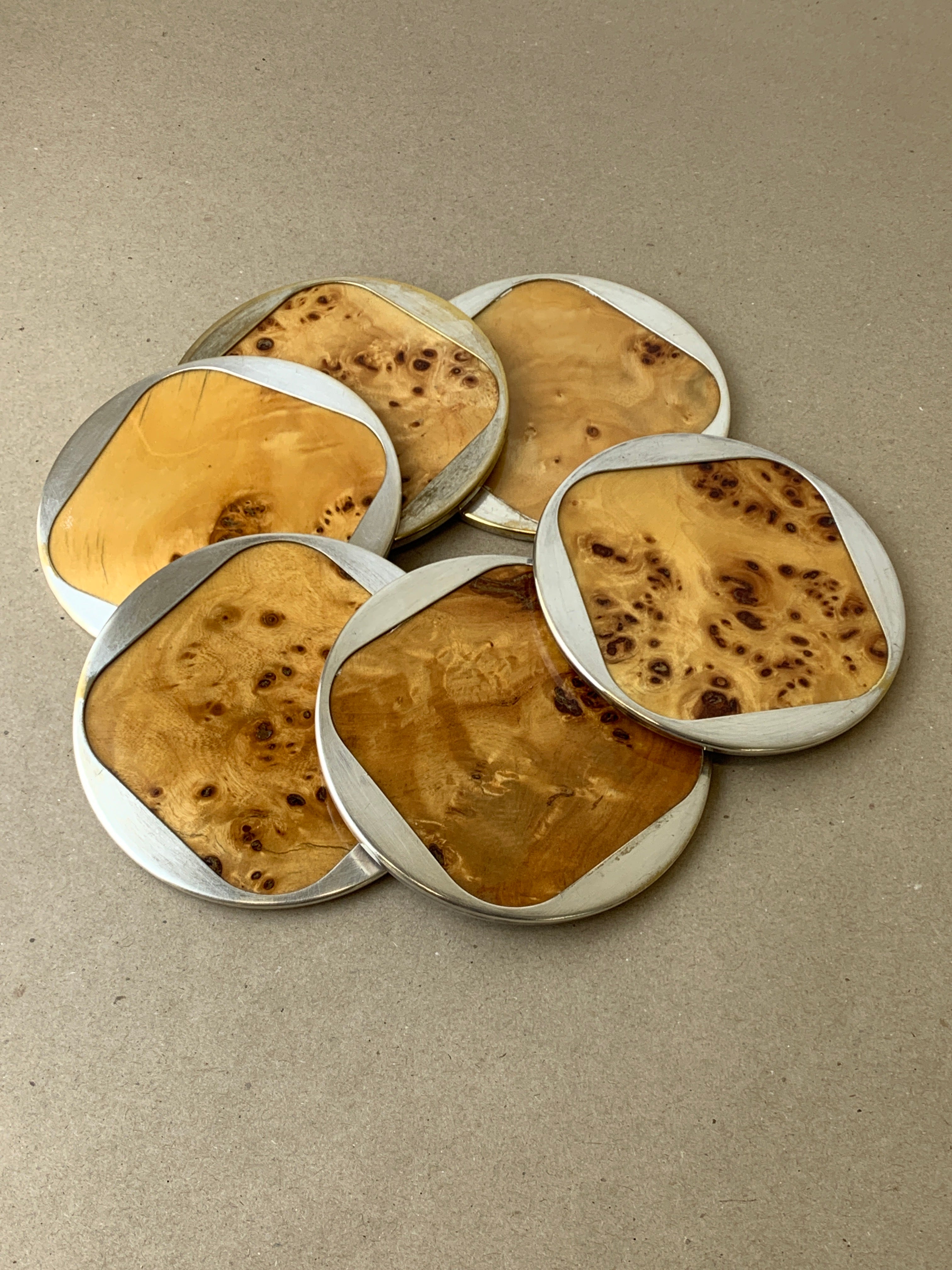Aldo Tura Style Coasters in Lucite burl wood, set of 6, Italy, Circa 1970's