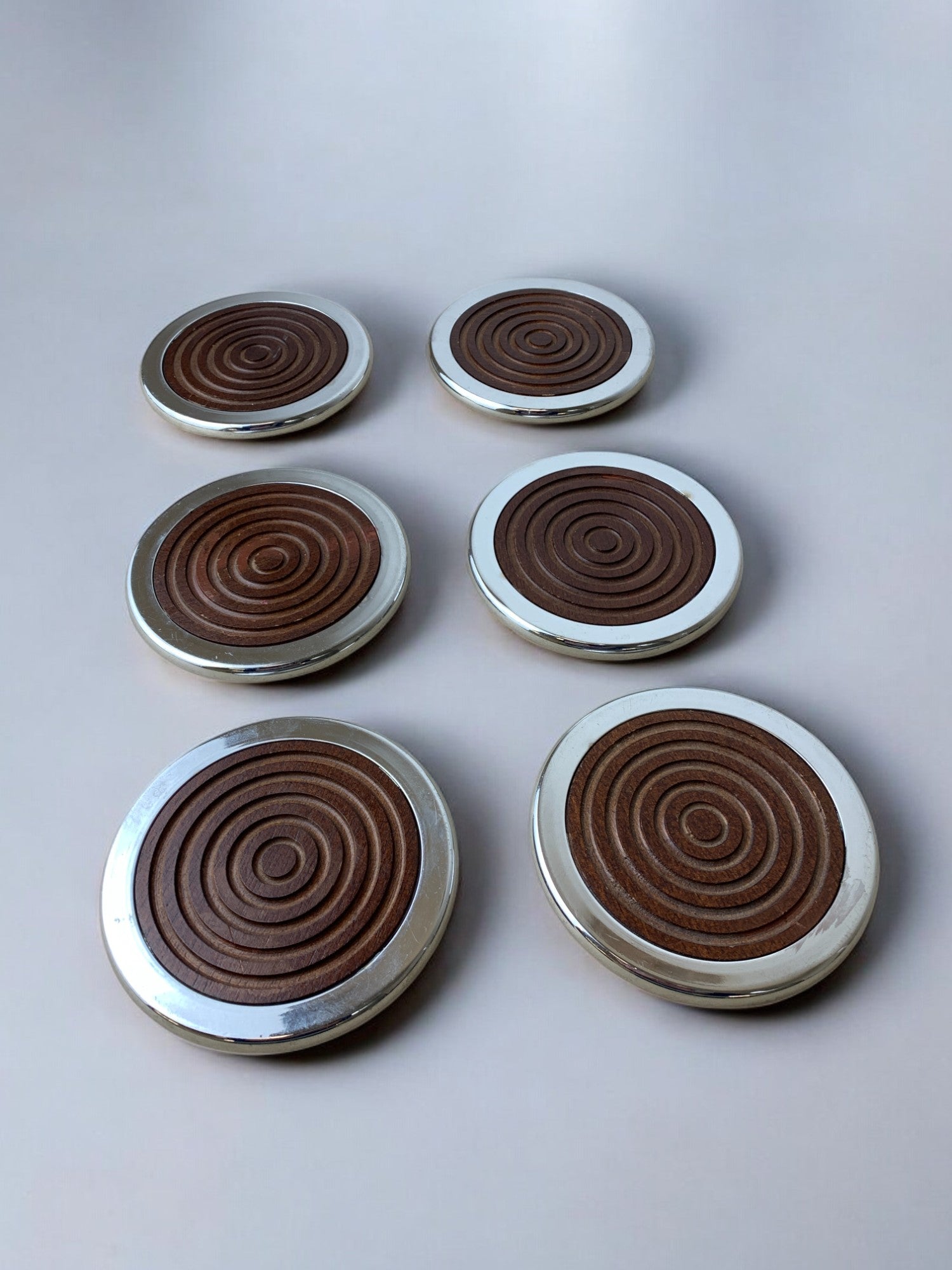 Regency chromed and wood coasters, set of 6, Spain, 1970's