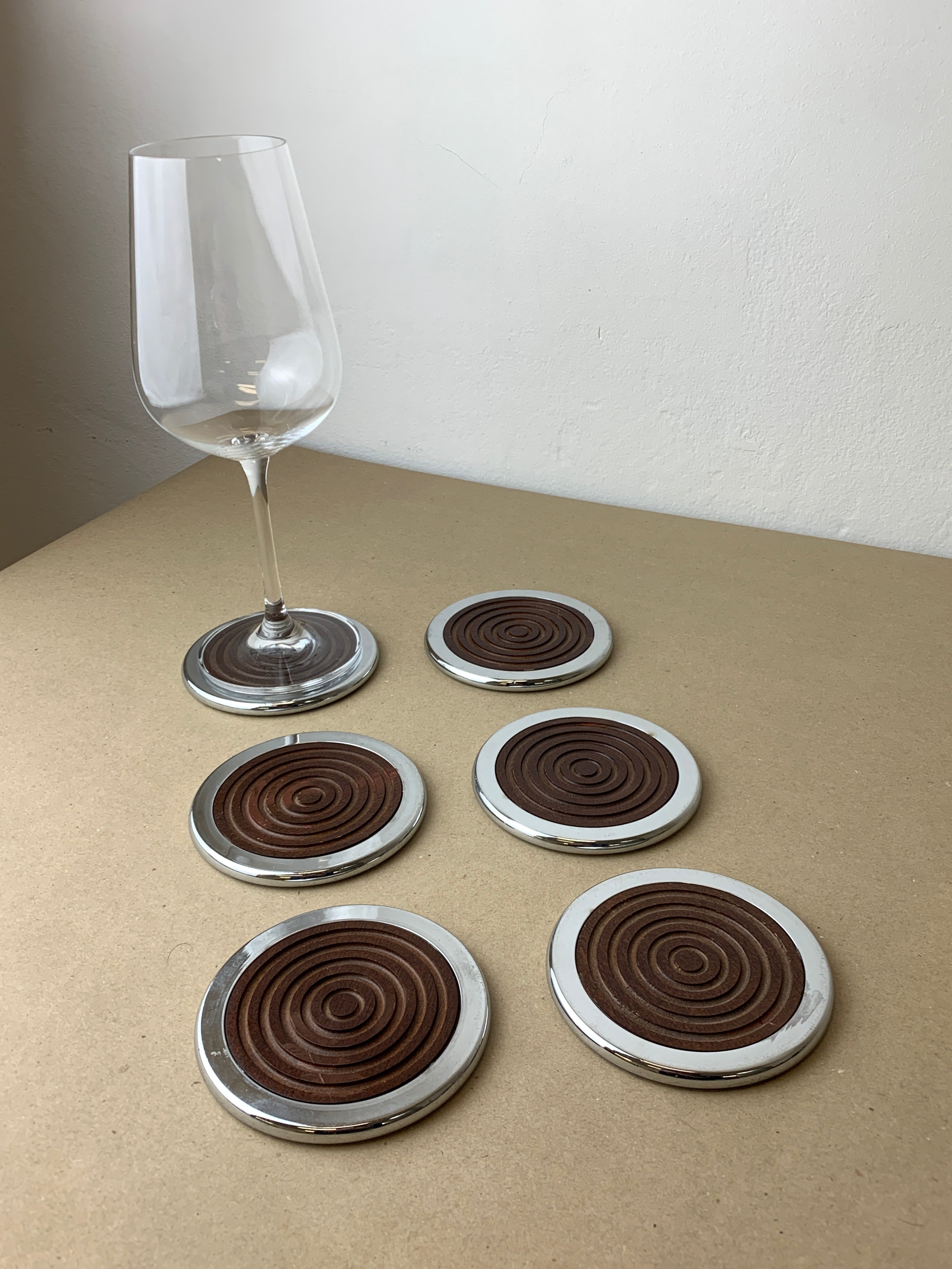 Regency chromed and wood coasters, set of 6, Spain, 1970's