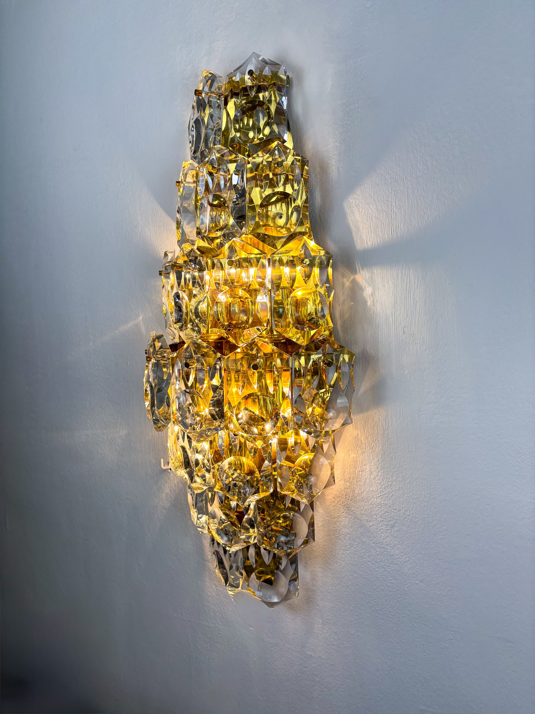 Kinkeldey XL 7-Tier Cut Crystal Wall Sconce, Gilt Brass, Germany, 1970s