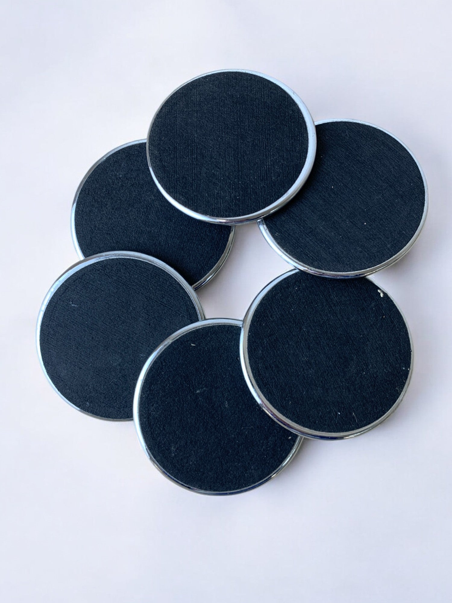 Regency chromed and wood coasters, set of 6, Spain, 1970's