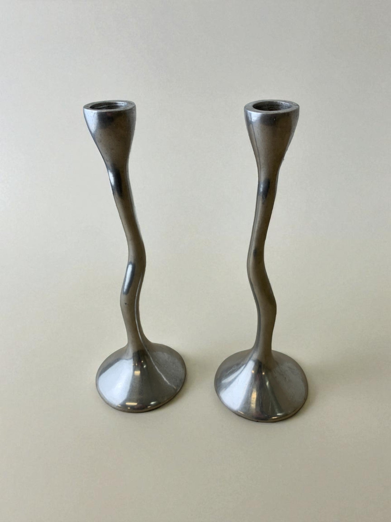 Pair of zigzag candlesticks, solid aluminium, Spain, Circa 1980's