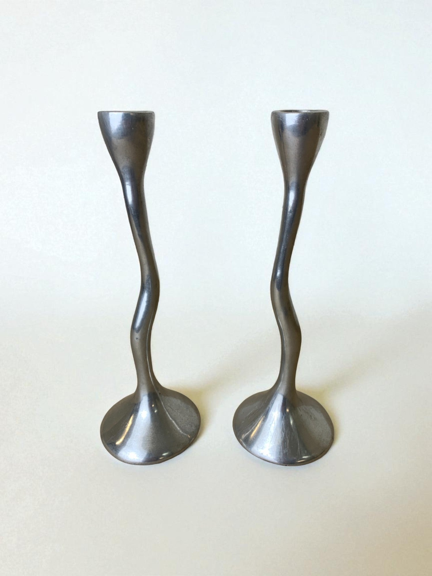 Pair of zigzag candlesticks, solid aluminium, Spain, Circa 1980's