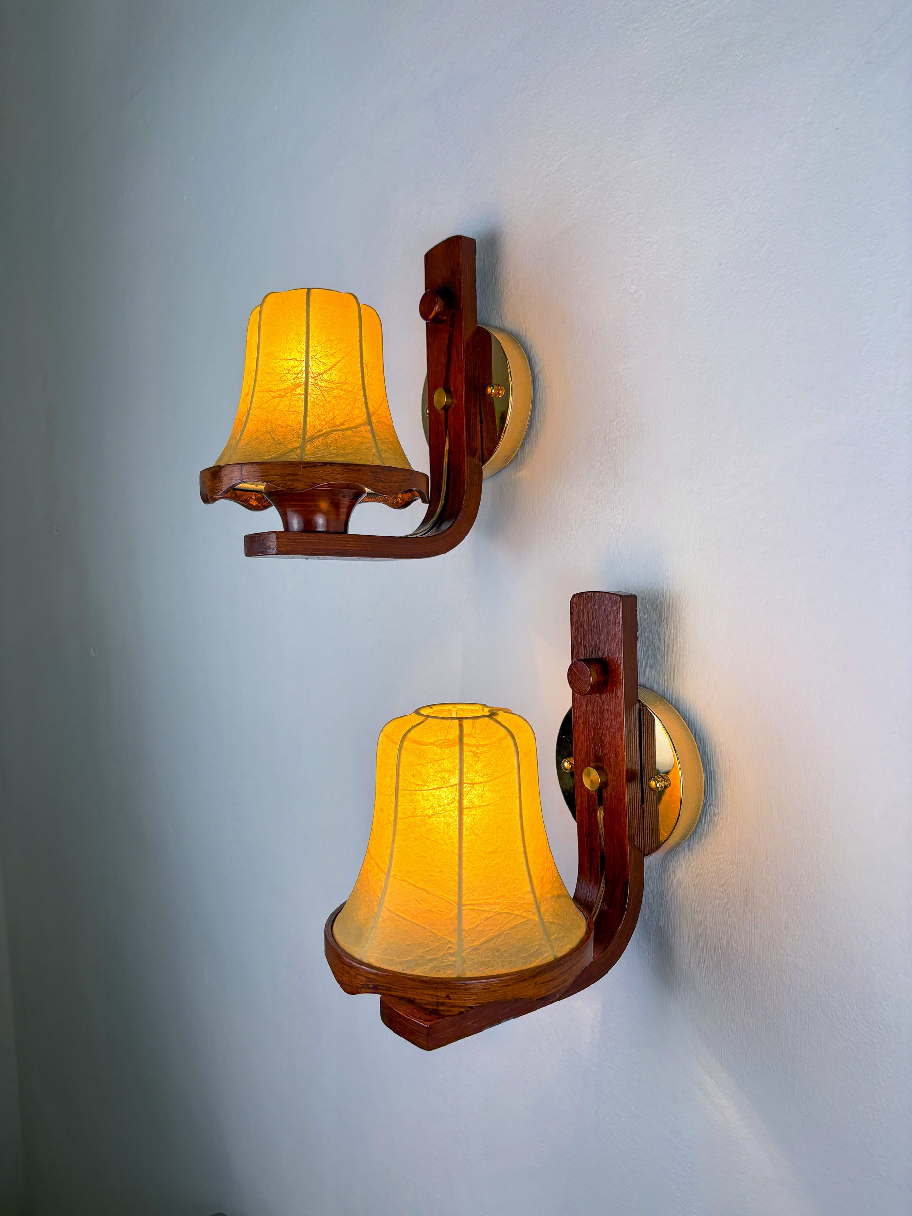 Pair of Italian "Cocoon" wall lights, resin and wood, 1970s
