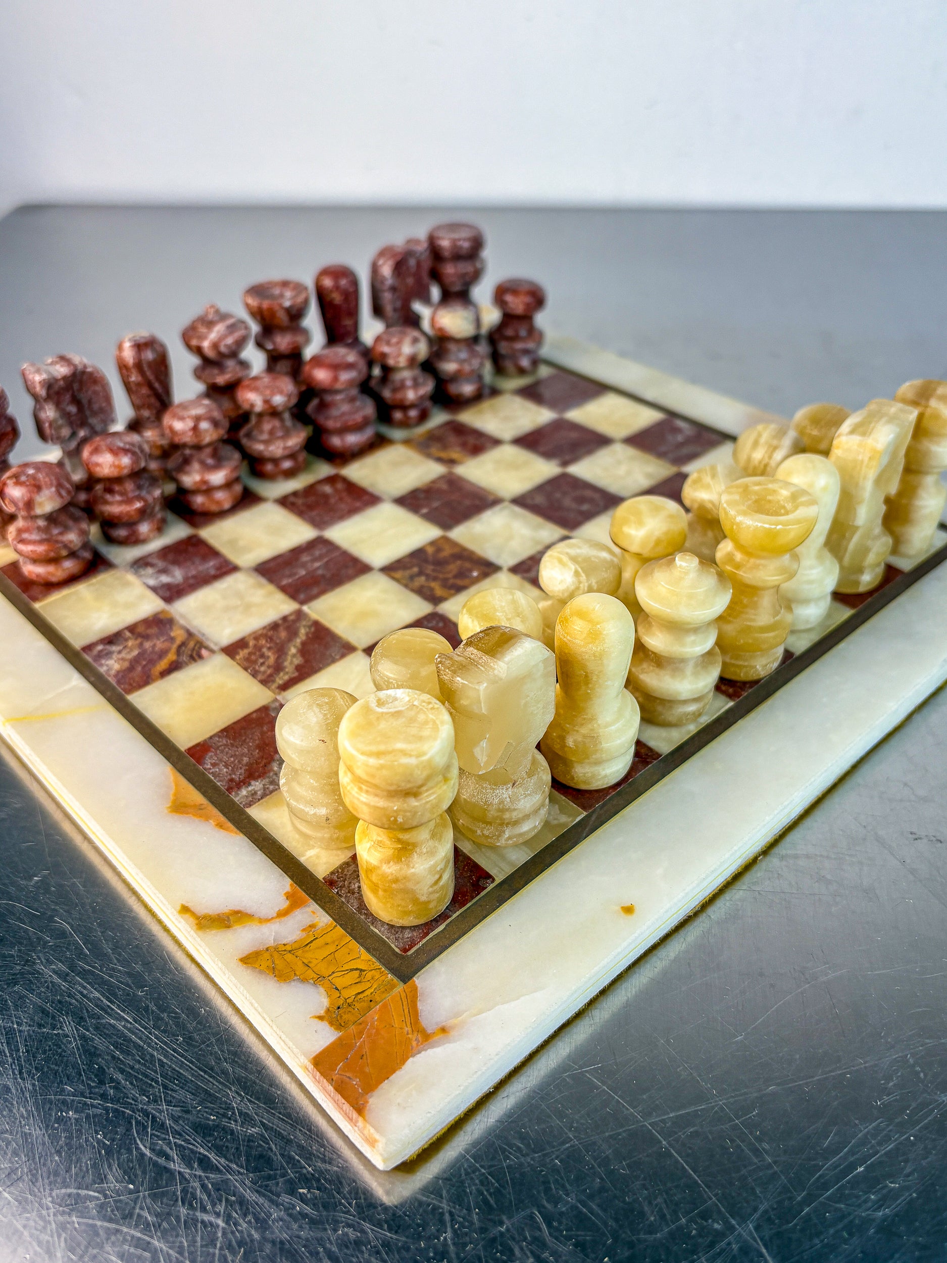 Vintage Italian Genuine Alabaster Chess Set with Carved Pieces, 1970s