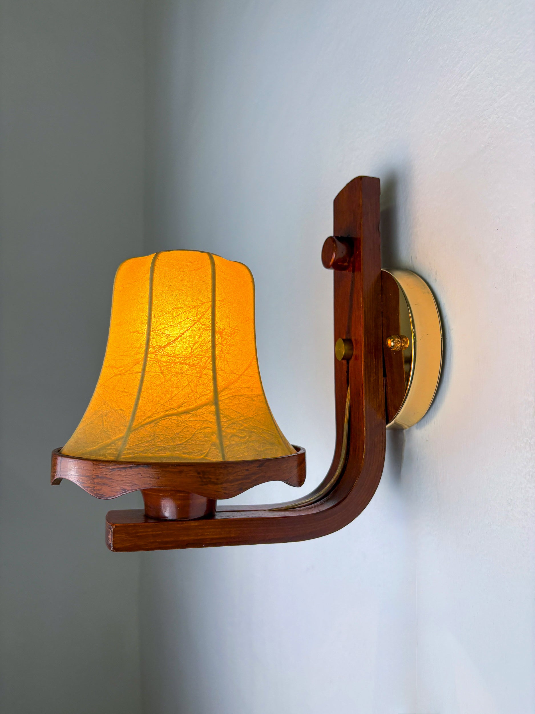 Pair of Italian "Cocoon" wall lights, resin and wood, 1970s