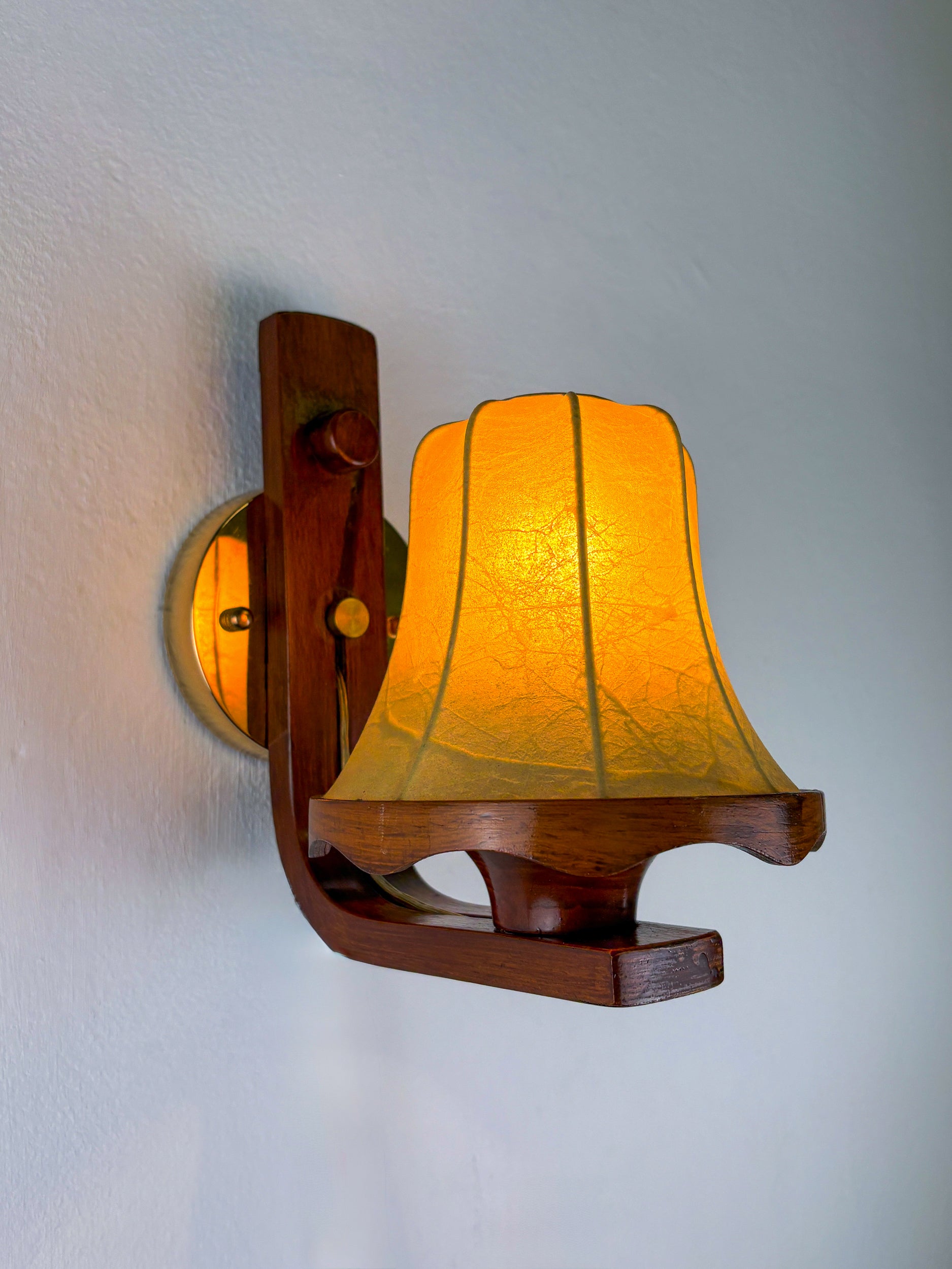 Pair of Italian "Cocoon" wall lights, resin and wood, 1970s
