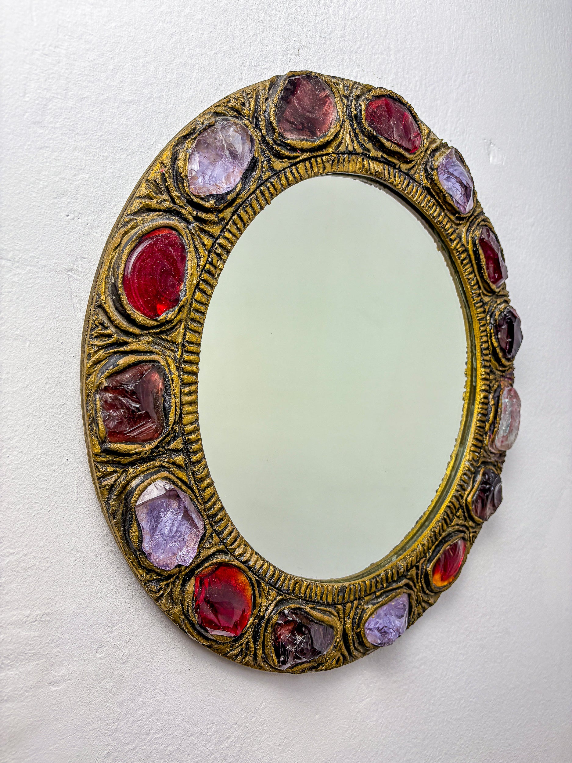 Italian Mid-Century Mirror by Creaciones Gobesso, Red & Purple Murano Rock Crystals, 1960s