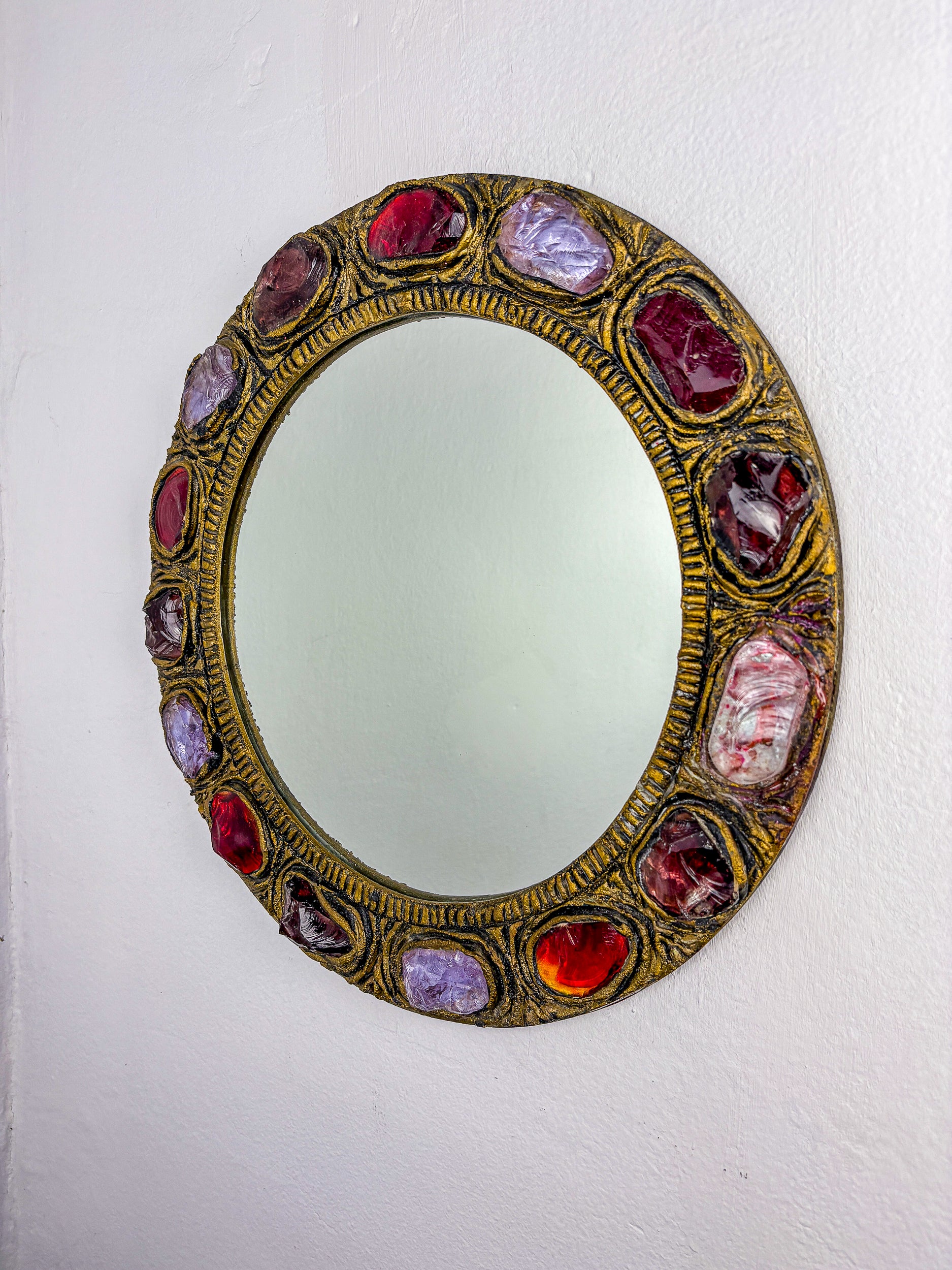 Italian Mid-Century Mirror by Creaciones Gobesso, Red & Purple Murano Rock Crystals, 1960s