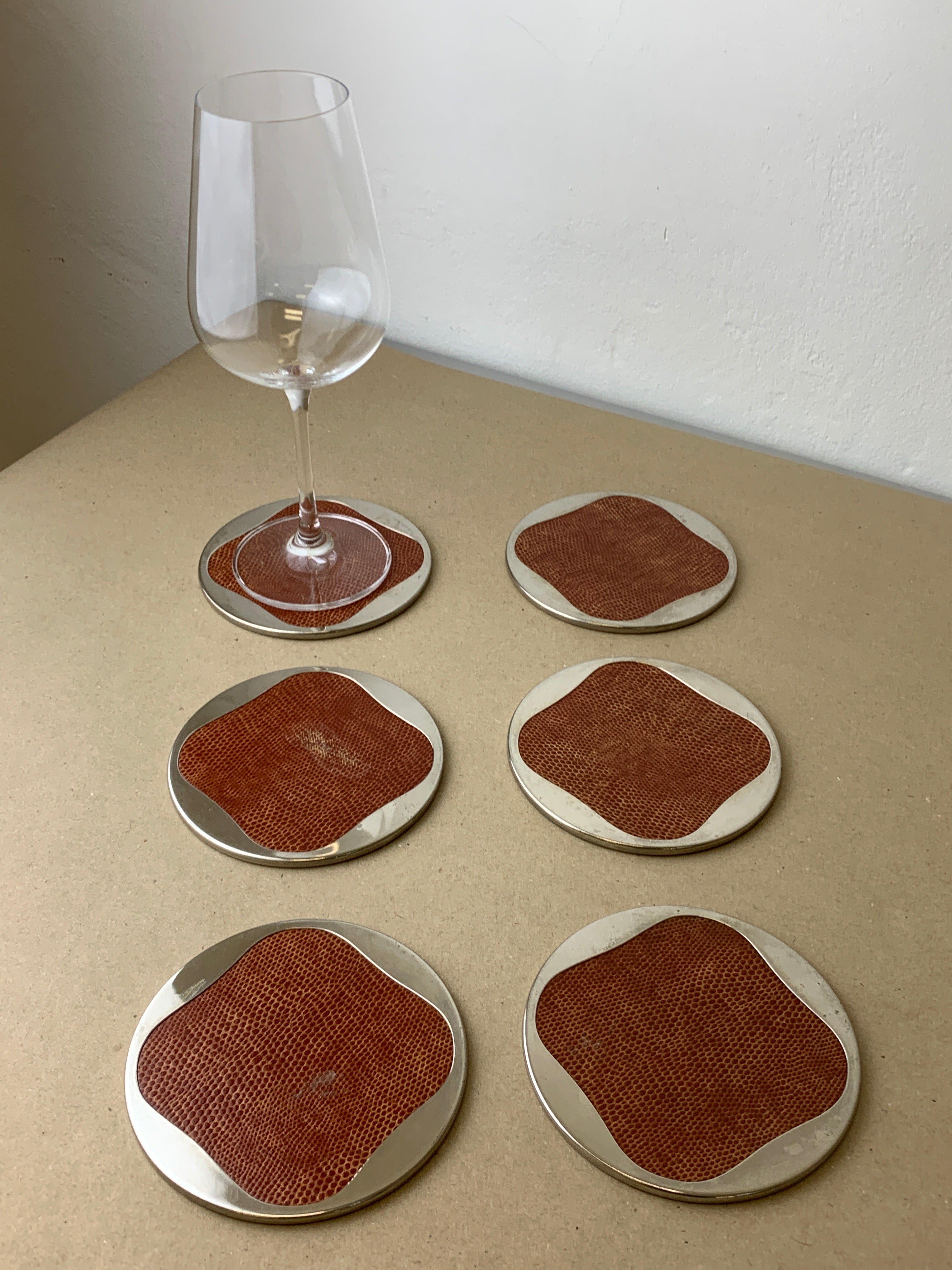 Gabriella Crespi Style leather coasters, set of 6, Italy, 1970's