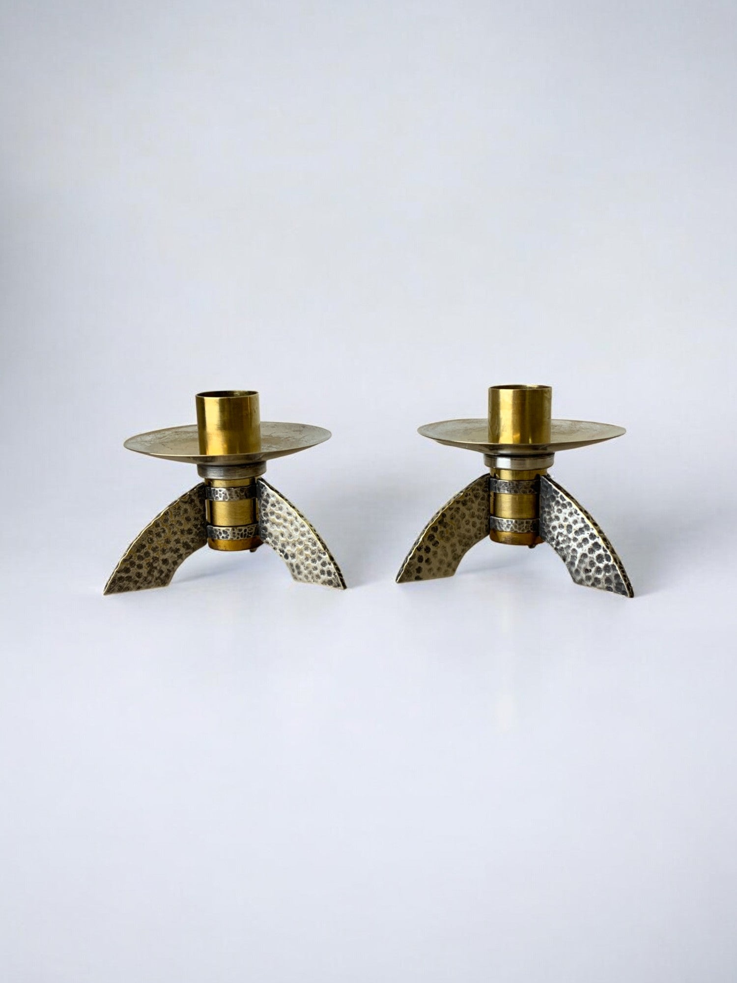 Pair of Brutalist candlesticks in brass, Denmark, 1970's
