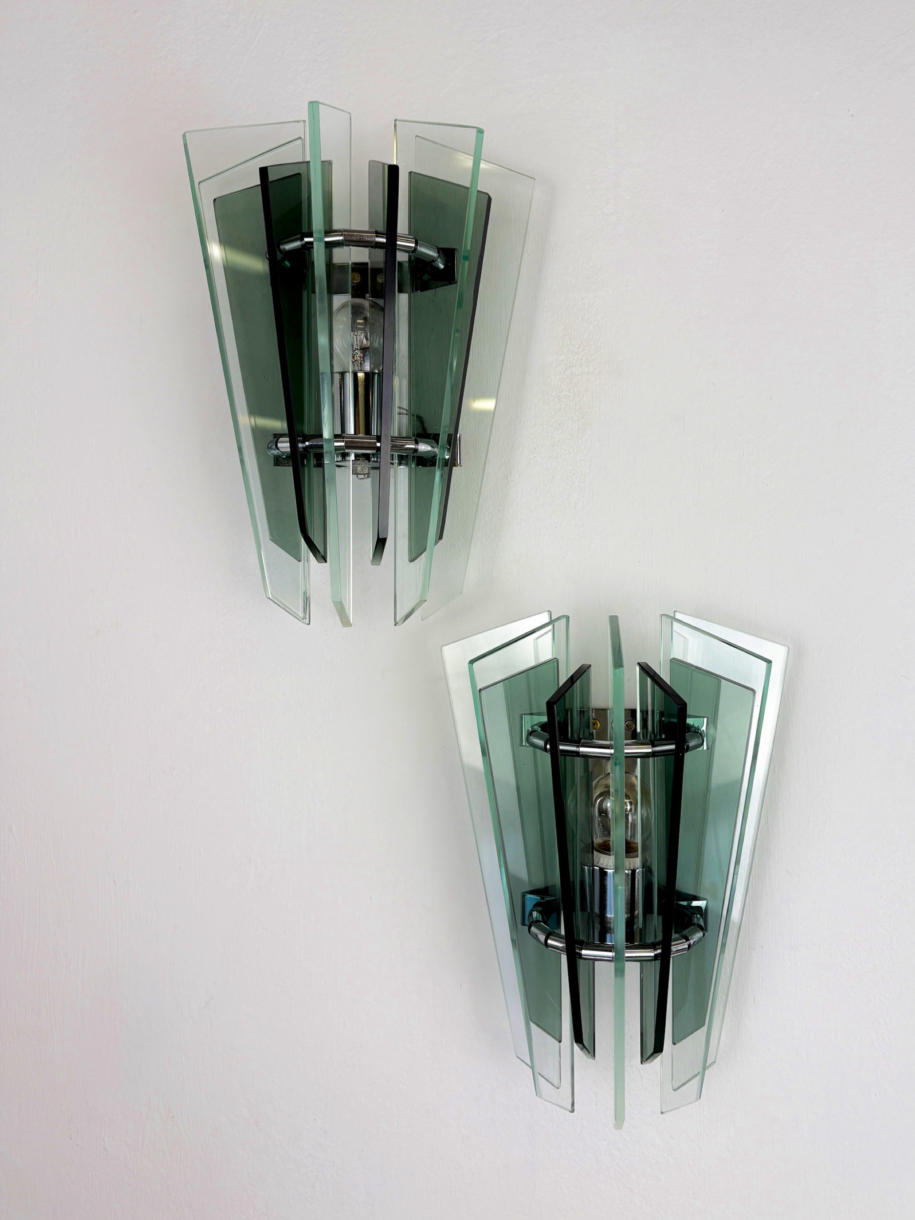 Pair of Veca Wall Lamps – Green Murano Cut Glass, Italy 1970
