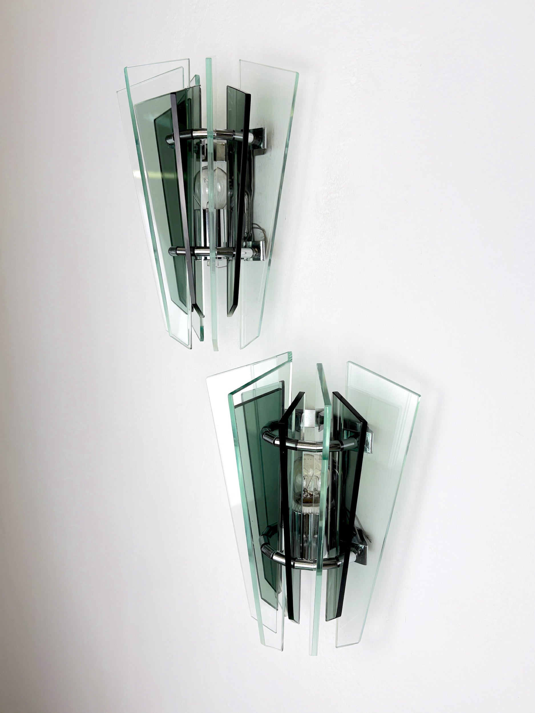 Pair of Veca Wall Lamps – Green Murano Cut Glass, Italy 1970