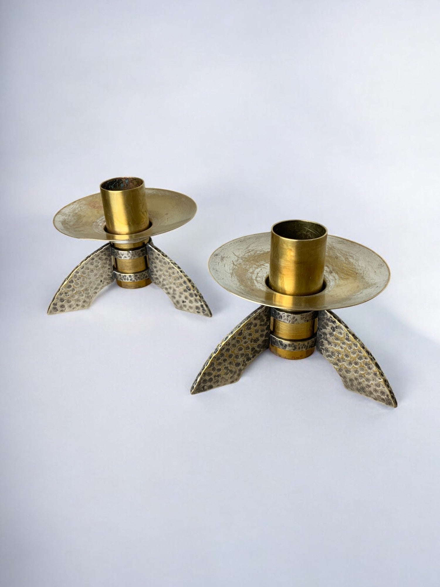 Pair of Brutalist candlesticks in brass, Denmark, 1970's