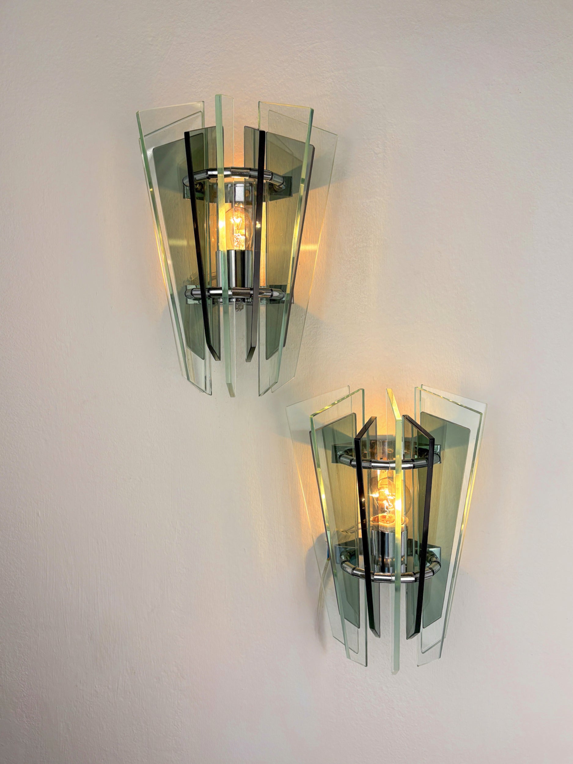 Pair of Veca Wall Lamps – Green Murano Cut Glass, Italy 1970
