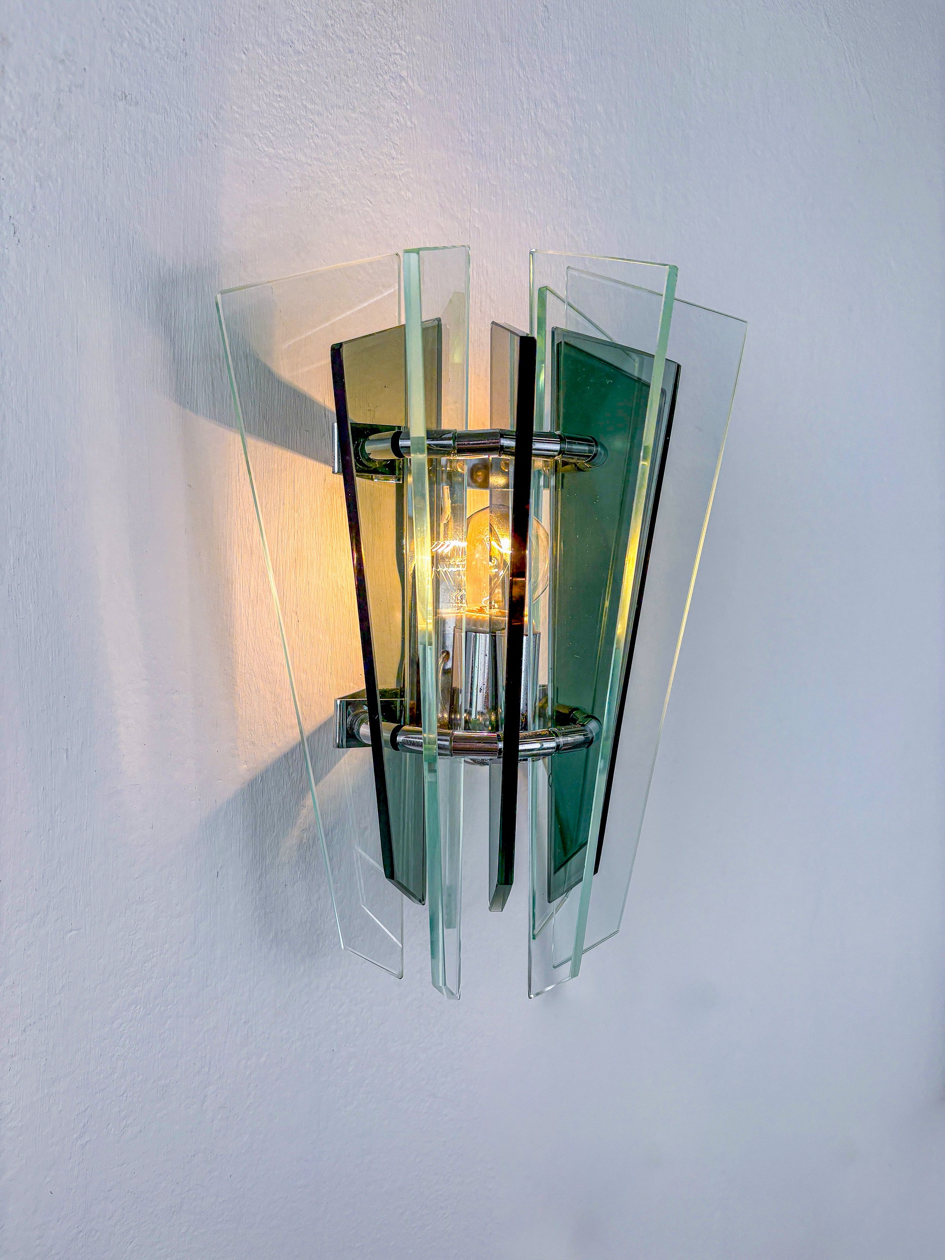 Pair of Veca Wall Lamps – Green Murano Cut Glass, Italy 1970