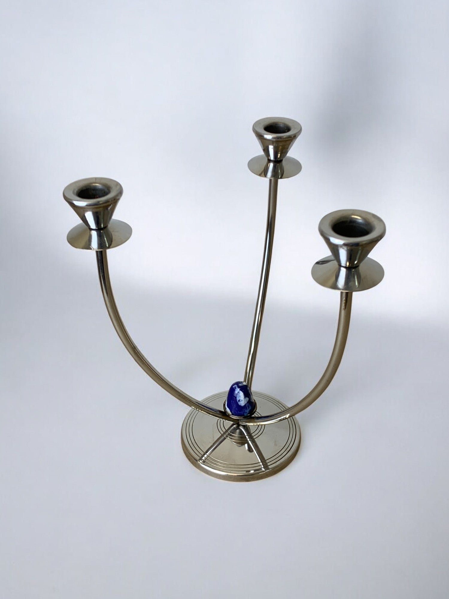 Art deco candlestick in stainless steel 3 flames and blue stones, Spain, Circa 1970's