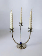 Art deco candlestick in stainless steel 3 flames and blue stones, Spain, Circa 1970's