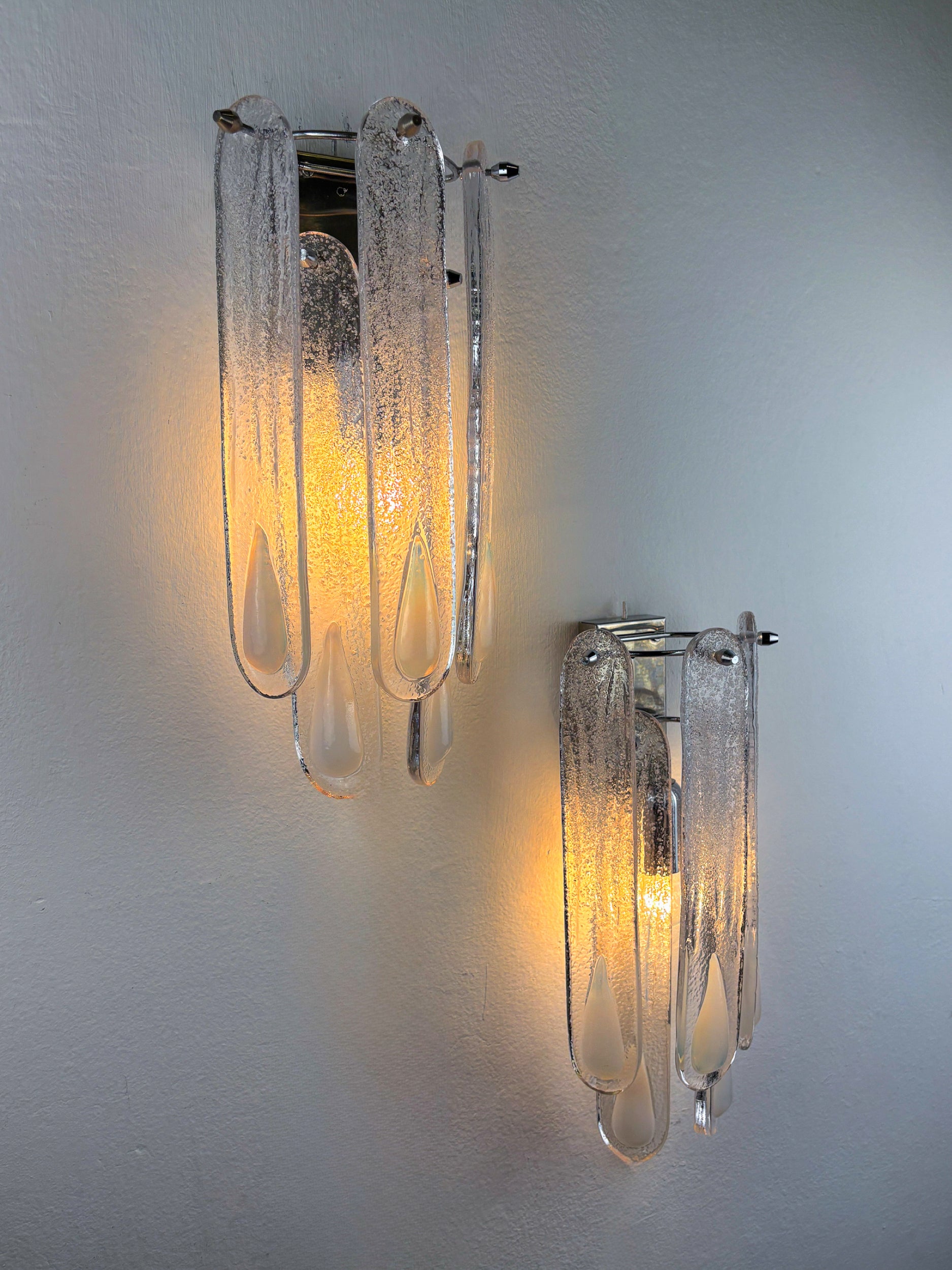 Pair of 2-tier Murano Mazzega wall lights, Iridescent White Frosted Glass, Italy, Circa 1960's