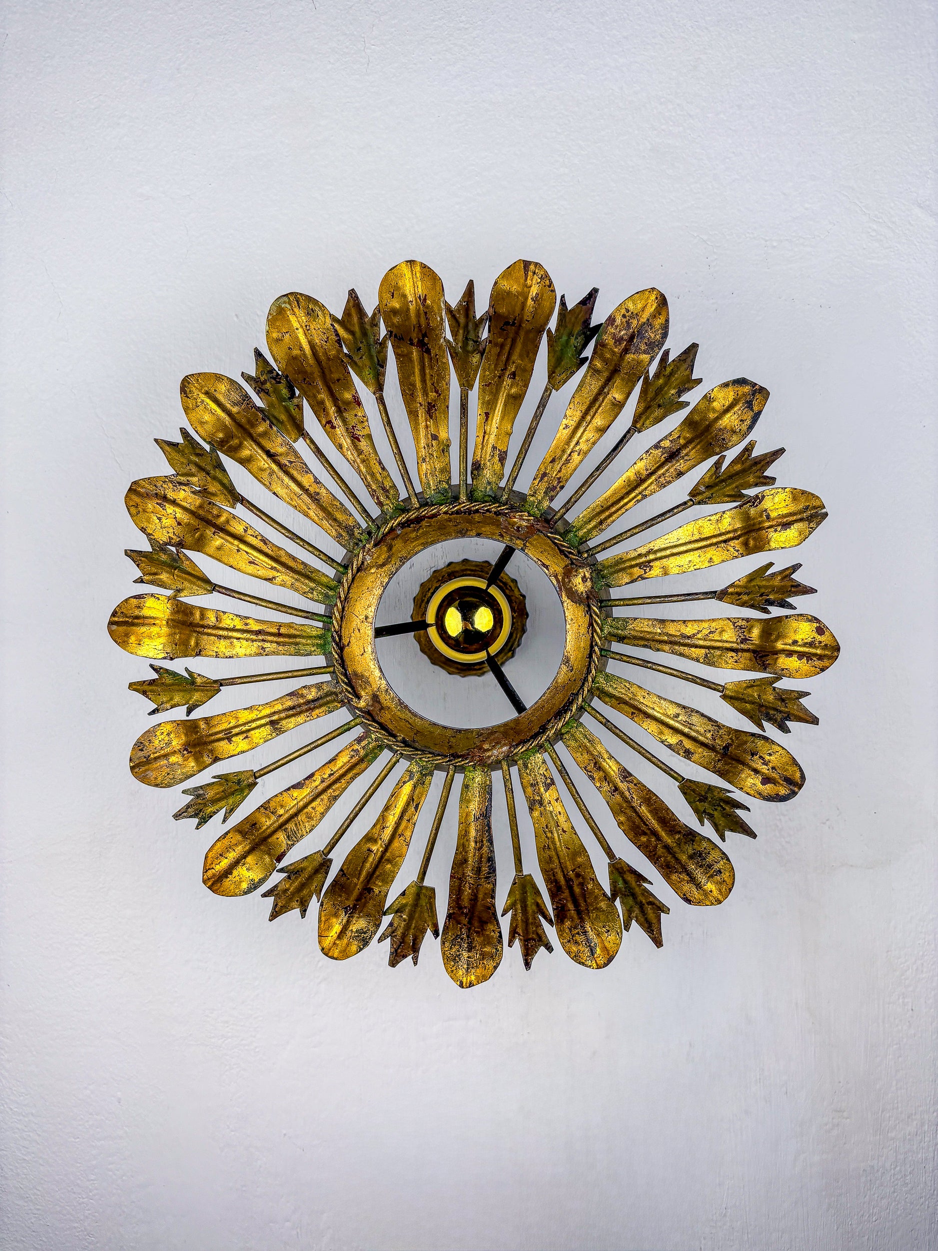 Midcentury Sunburst Floral Flush Mount Light Fixture, Gilt Iron, Italy, 1940's