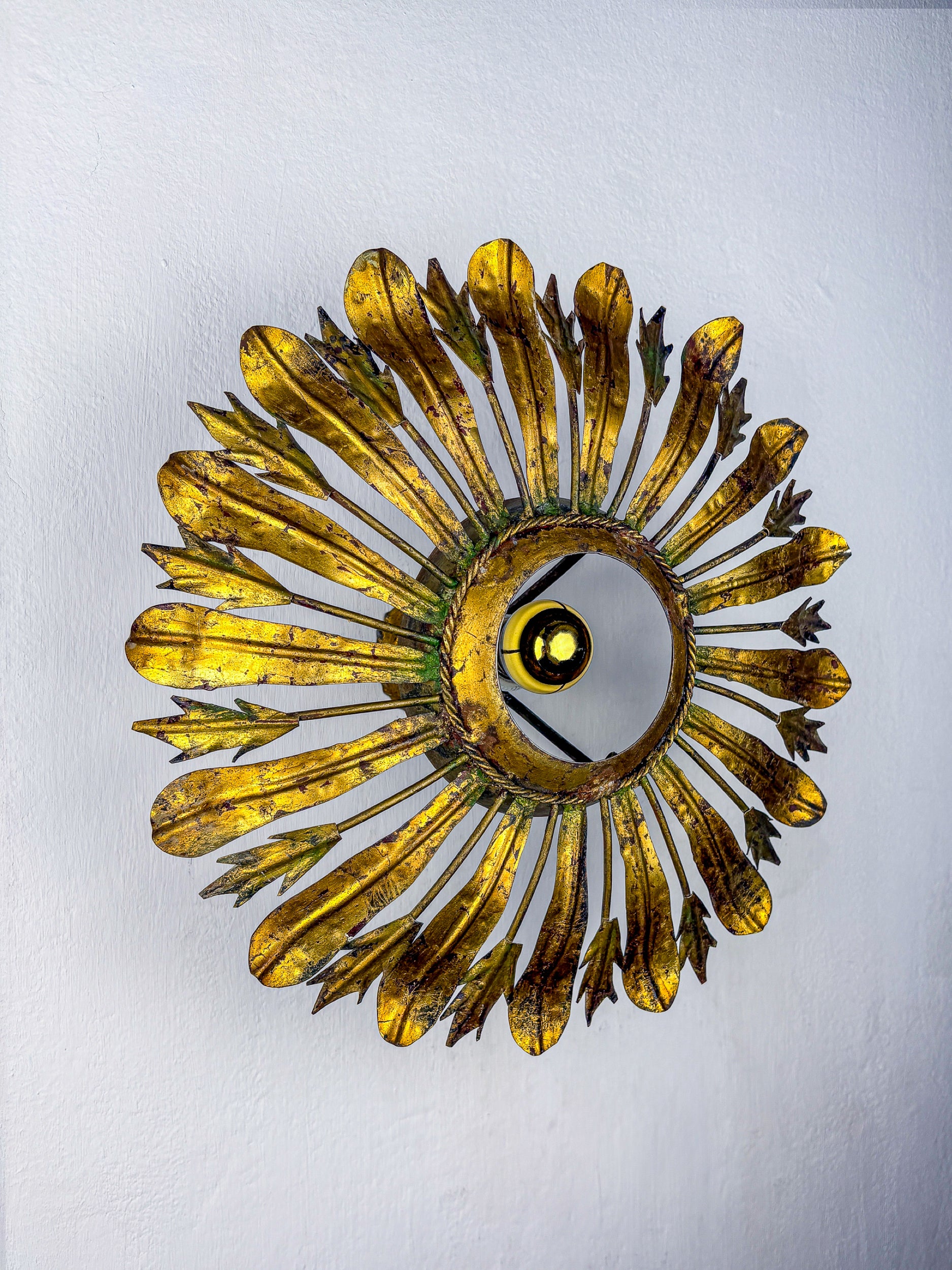 Midcentury Sunburst Floral Flush Mount Light Fixture, Gilt Iron, Italy, 1940's