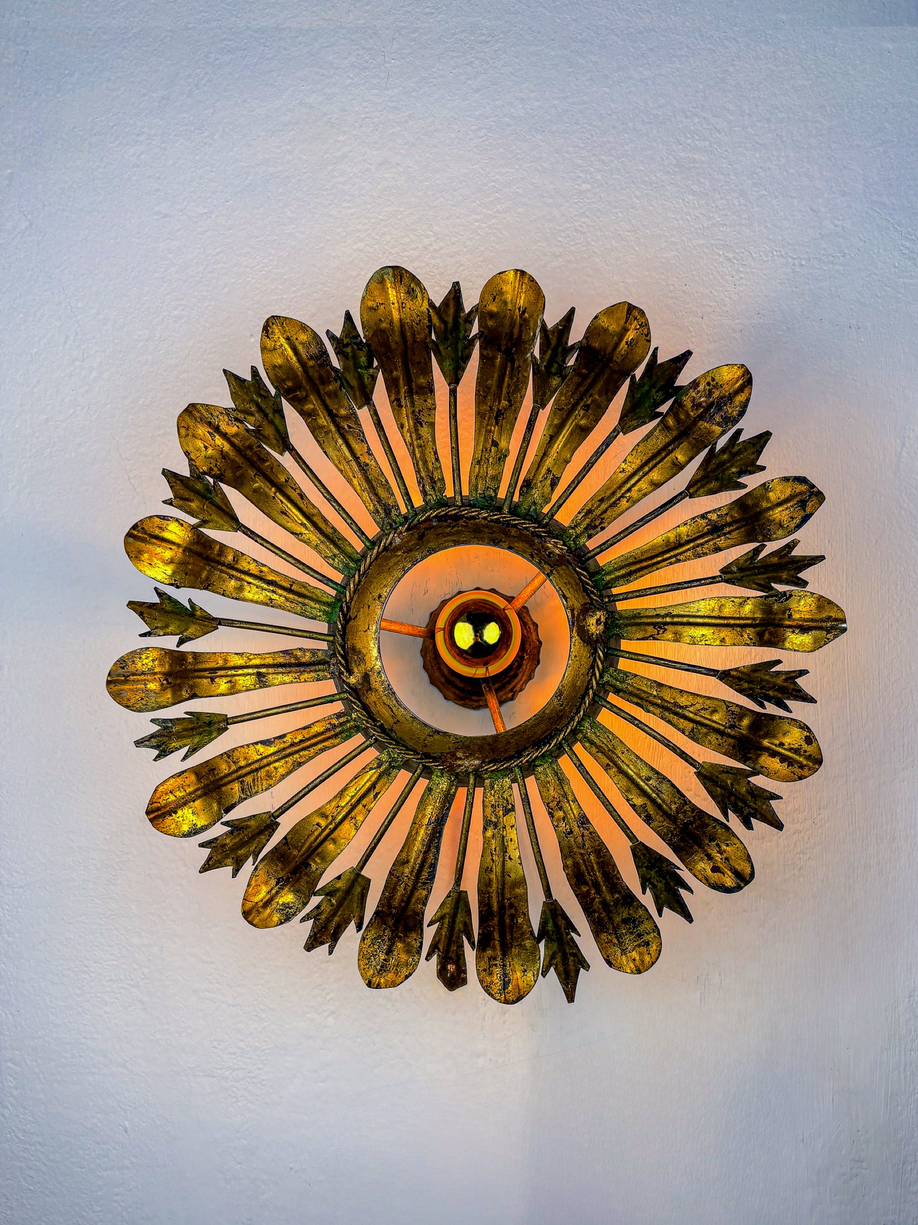 Midcentury Sunburst Floral Flush Mount Light Fixture, Gilt Iron, Italy, 1940's