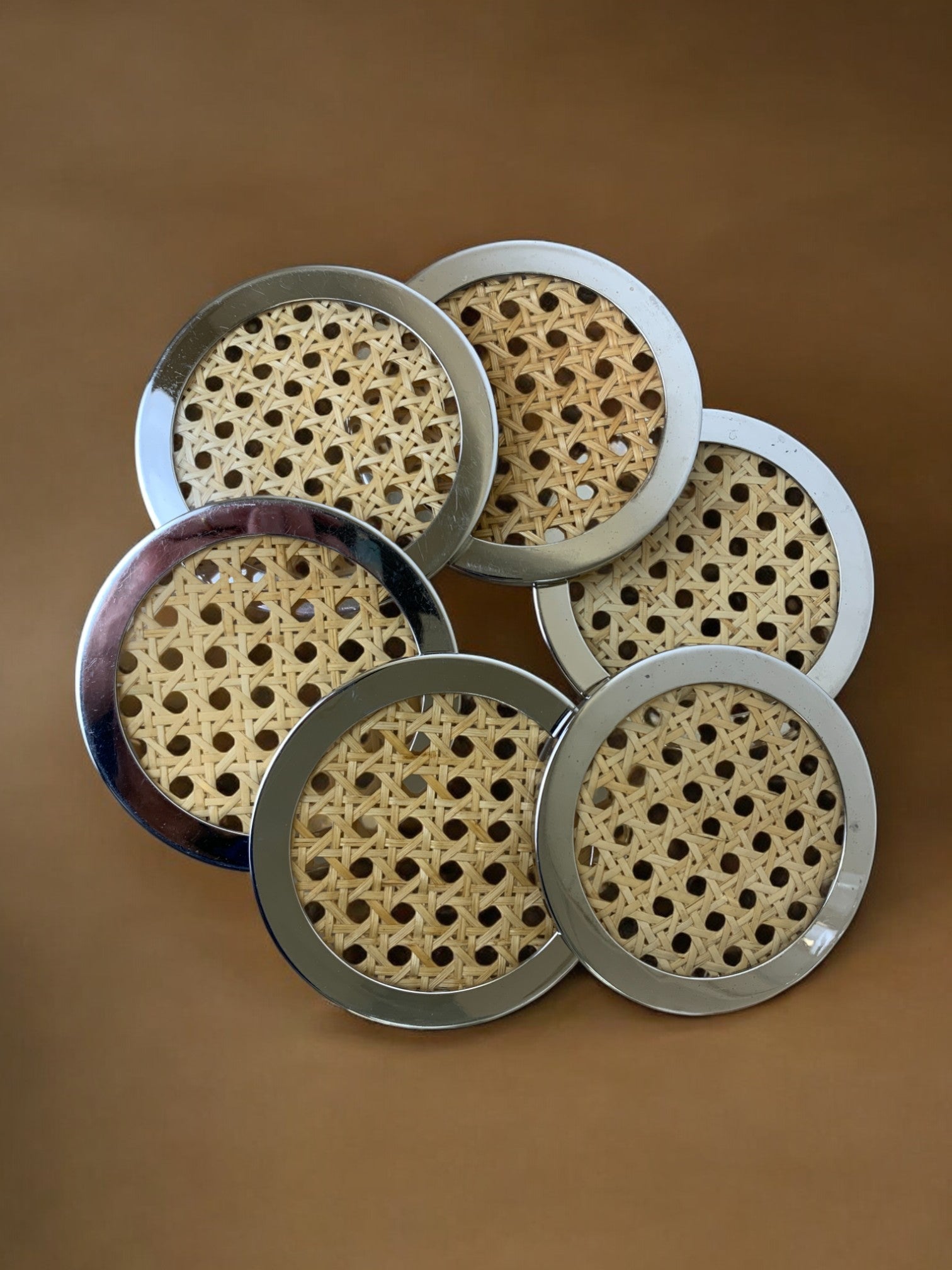 Christian Dior Style Lucite & Rattan coasters, set of 6, Italy, circa 1970