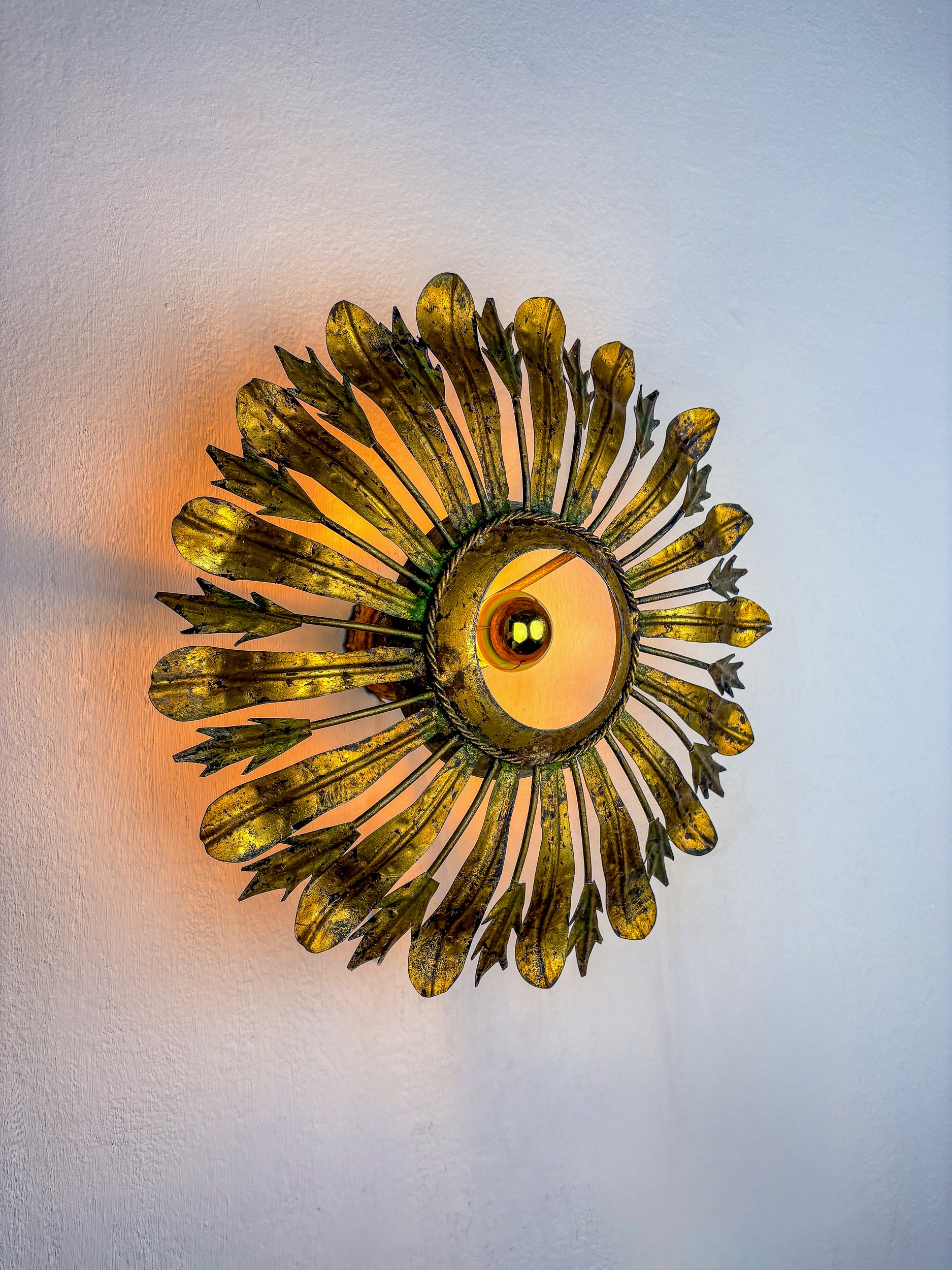 Midcentury Sunburst Floral Flush Mount Light Fixture, Gilt Iron, Italy, 1940's