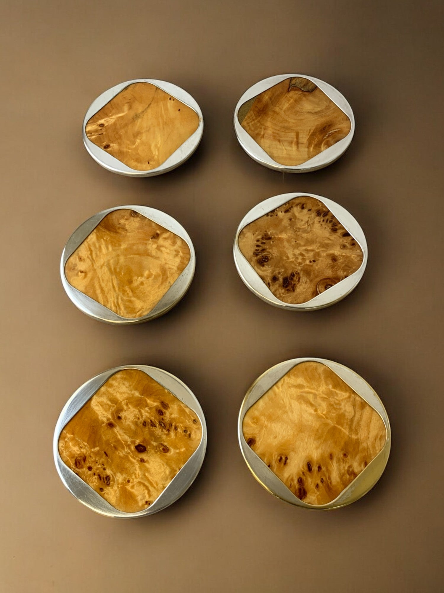 Aldo Tura Style Coasters in Lucite burl wood, set of 6, Italy, 1970's
