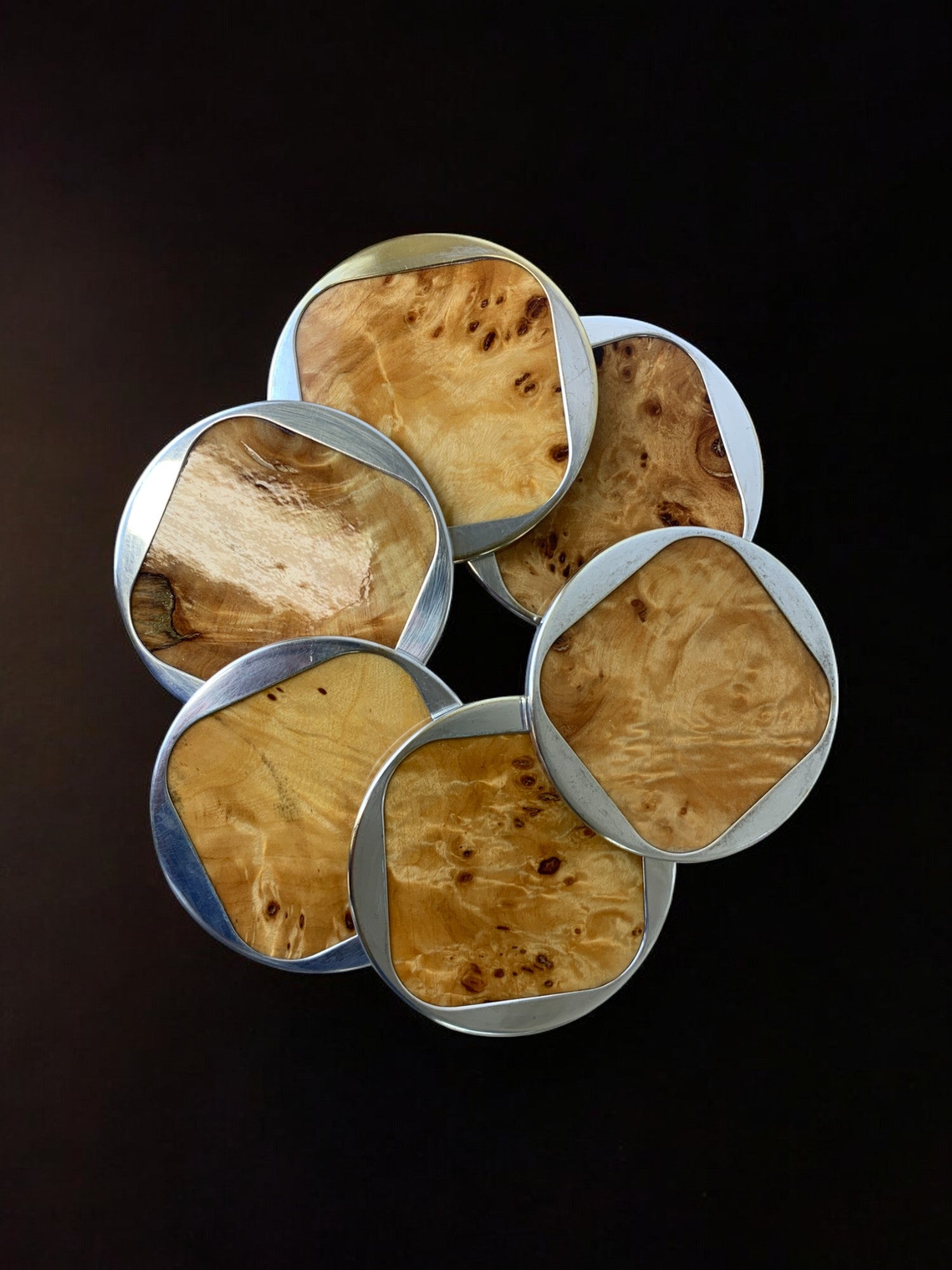 Aldo Tura Style Coasters in Lucite burl wood, set of 6, Italy, 1970's