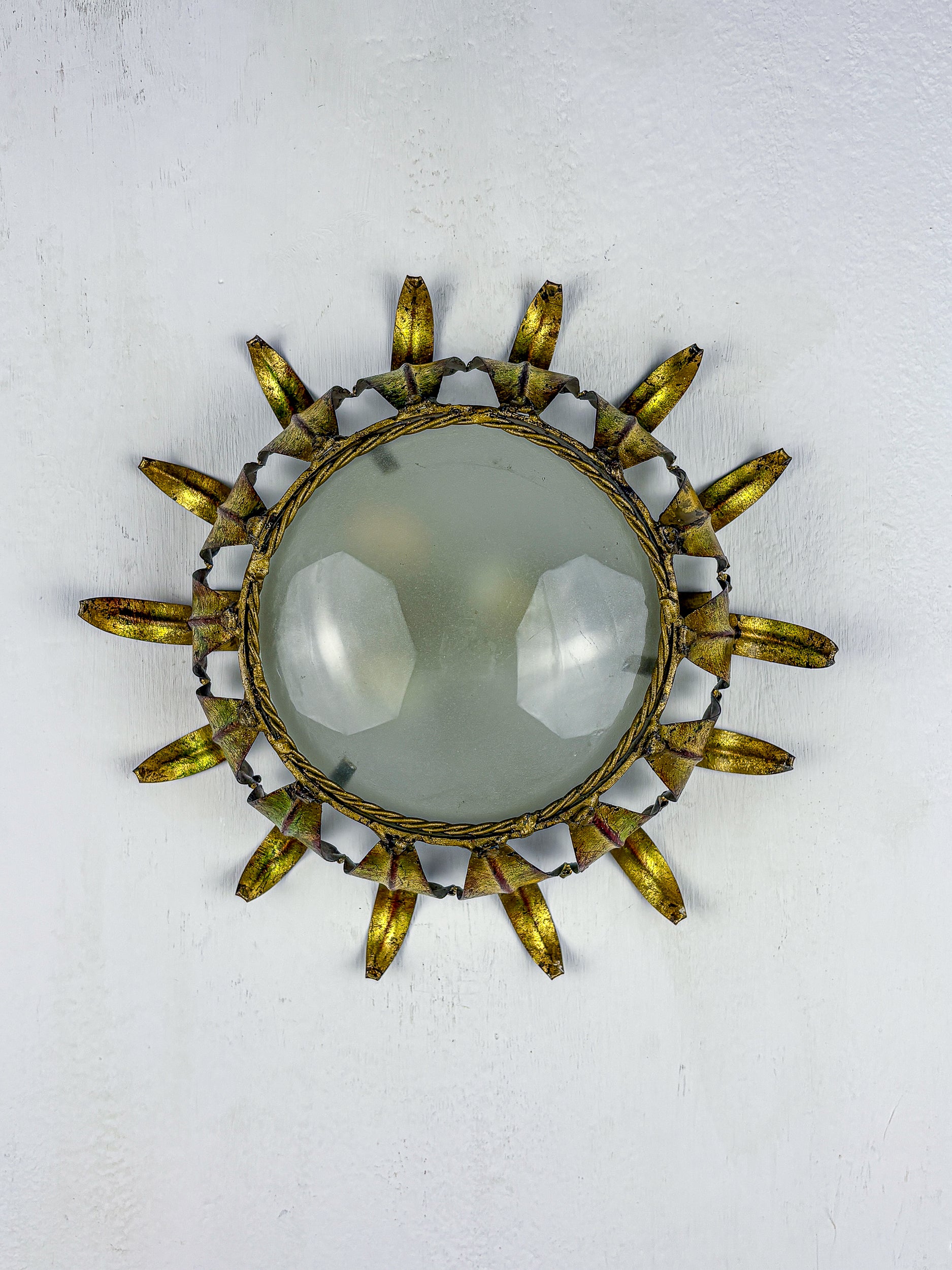 Spanish Crown Sunburst fixture in Gilt Metal and frost Glass, 1950's