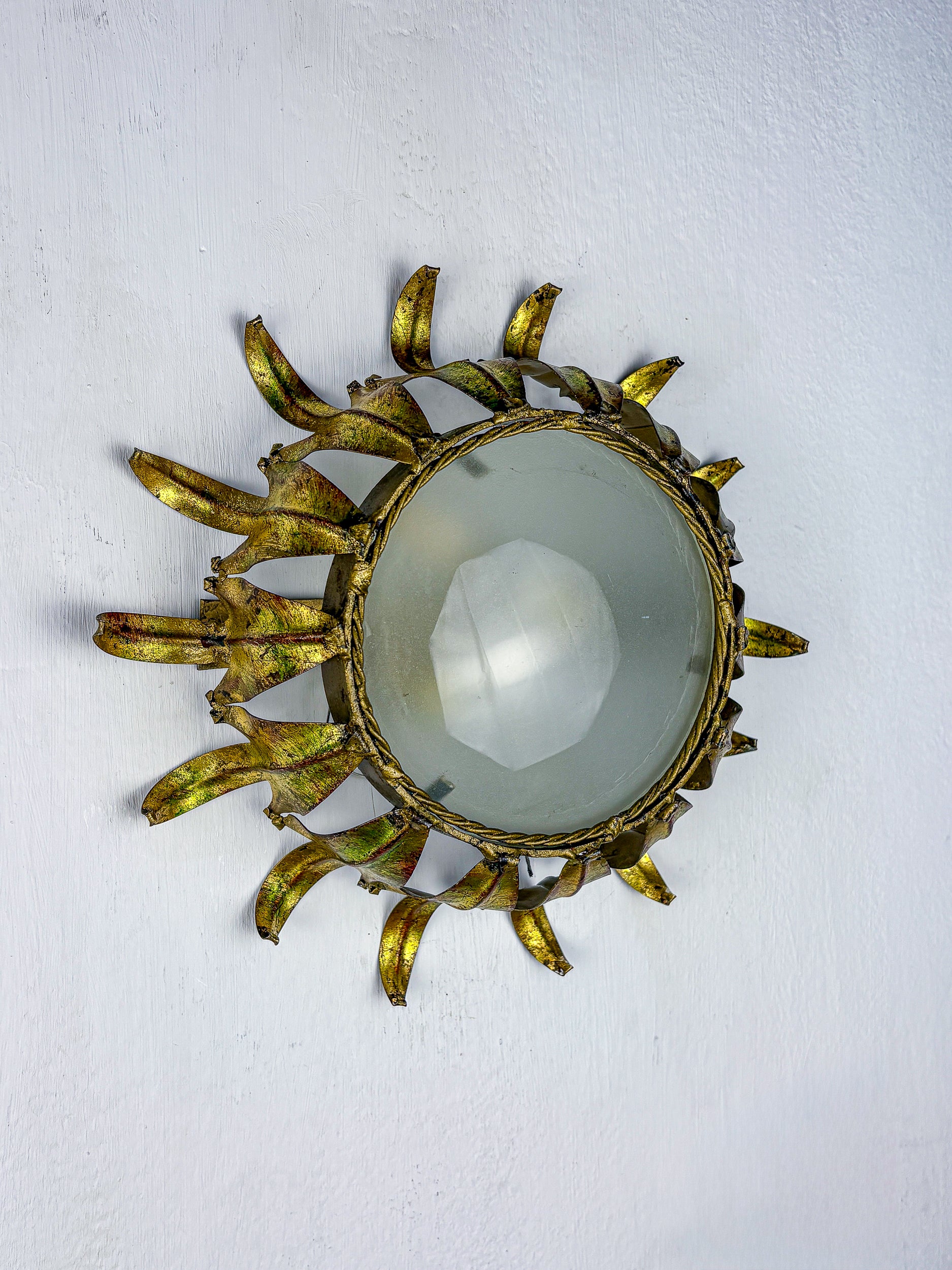 Spanish Crown Sunburst fixture in Gilt Metal and frost Glass, 1950's