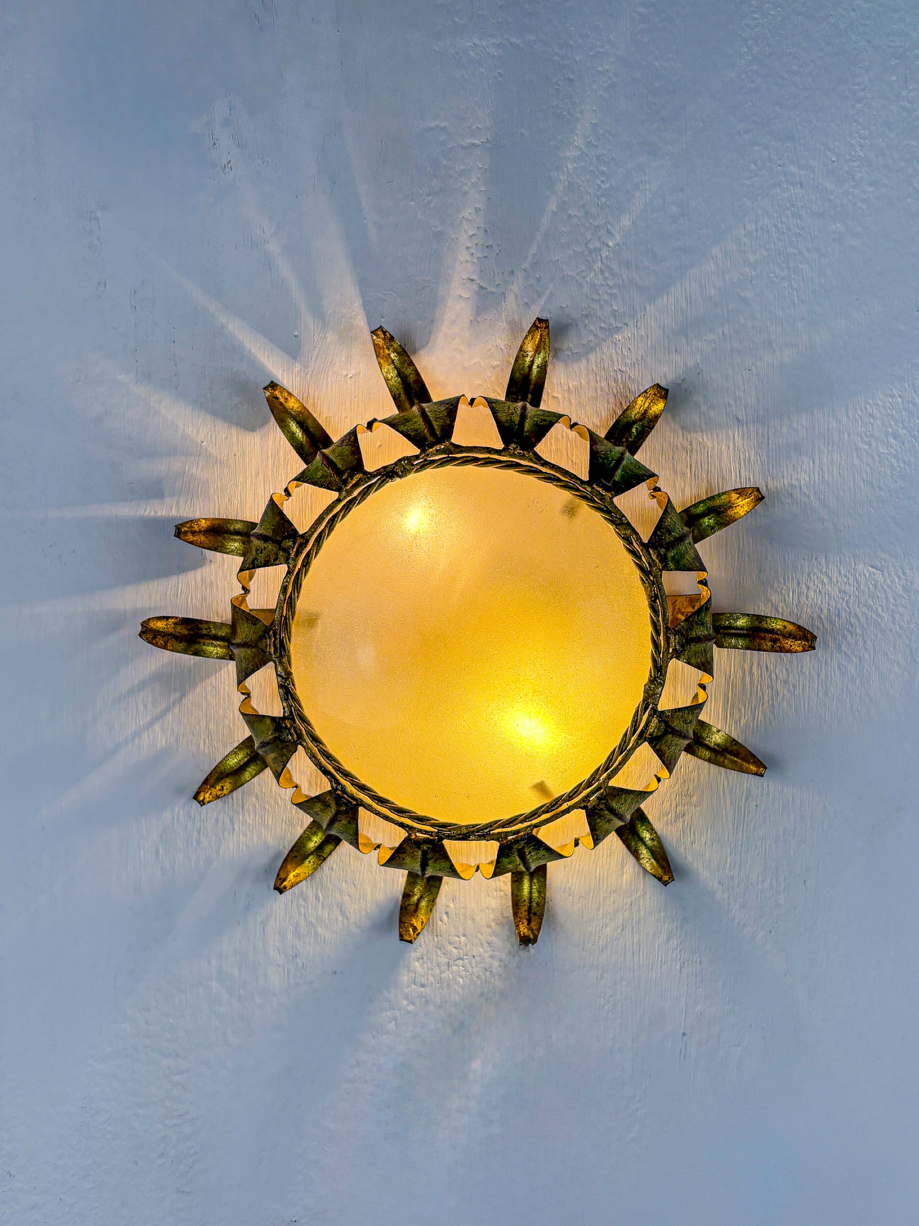Spanish Crown Sunburst fixture in Gilt Metal and frost Glass, 1950's