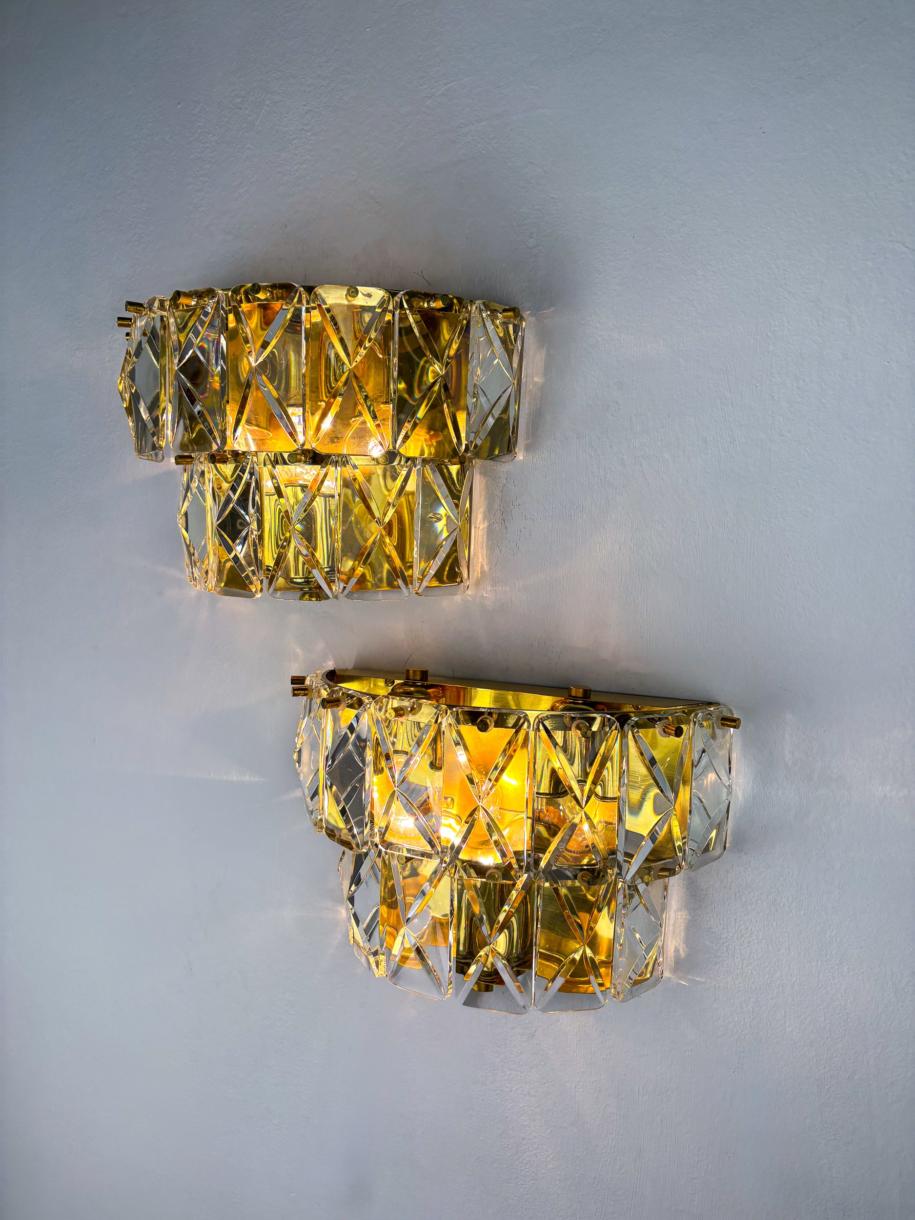 Pair of Kinkeldey 2-Tier Cut Crystal Wall Sconce, Gilt Brass, Germany, 1970s