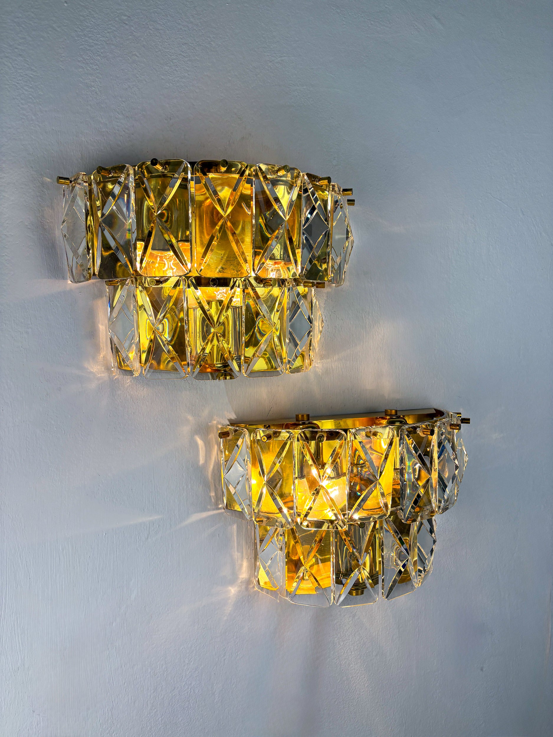 Pair of Kinkeldey 2-Tier Cut Crystal Wall Sconce, Gilt Brass, Germany, 1970s