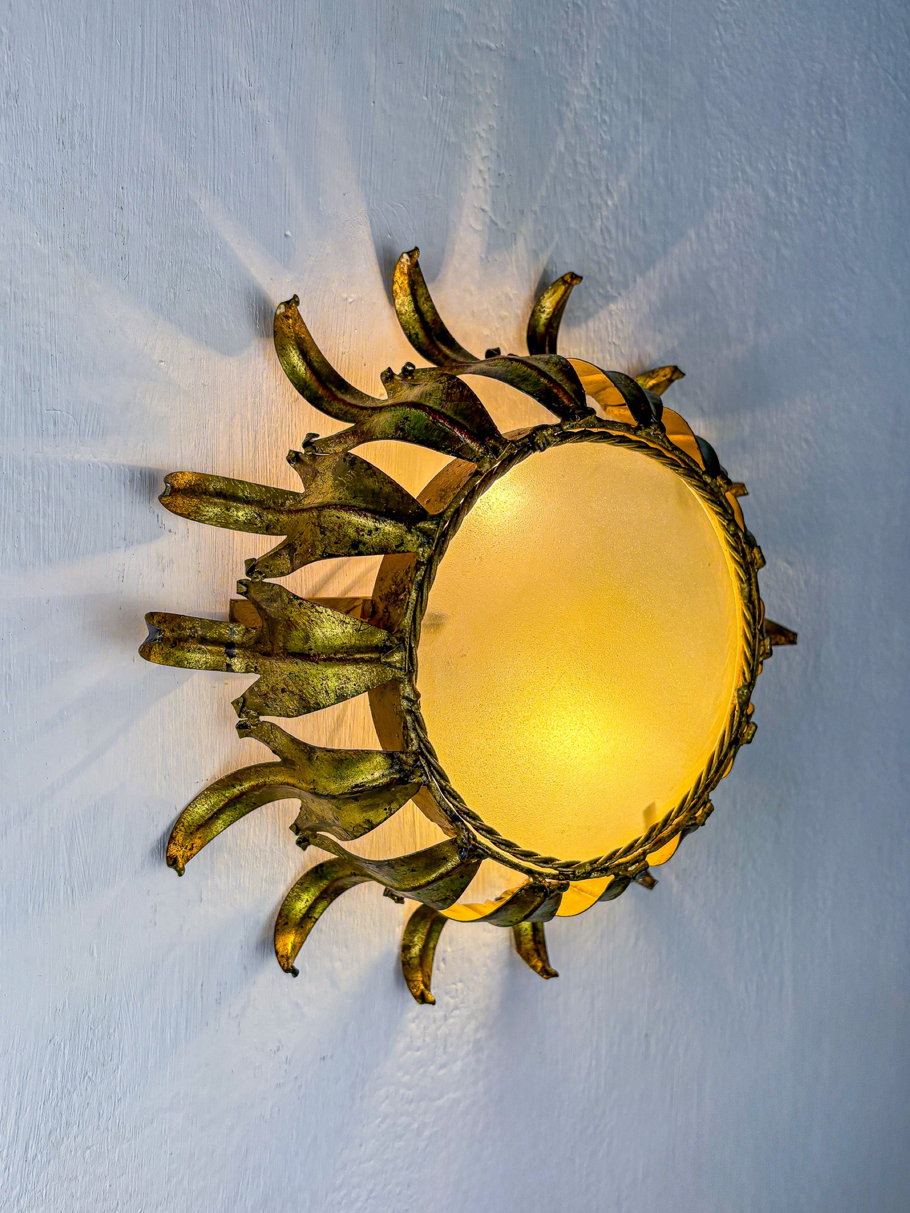 Spanish Crown Sunburst fixture in Gilt Metal and frost Glass, 1950's
