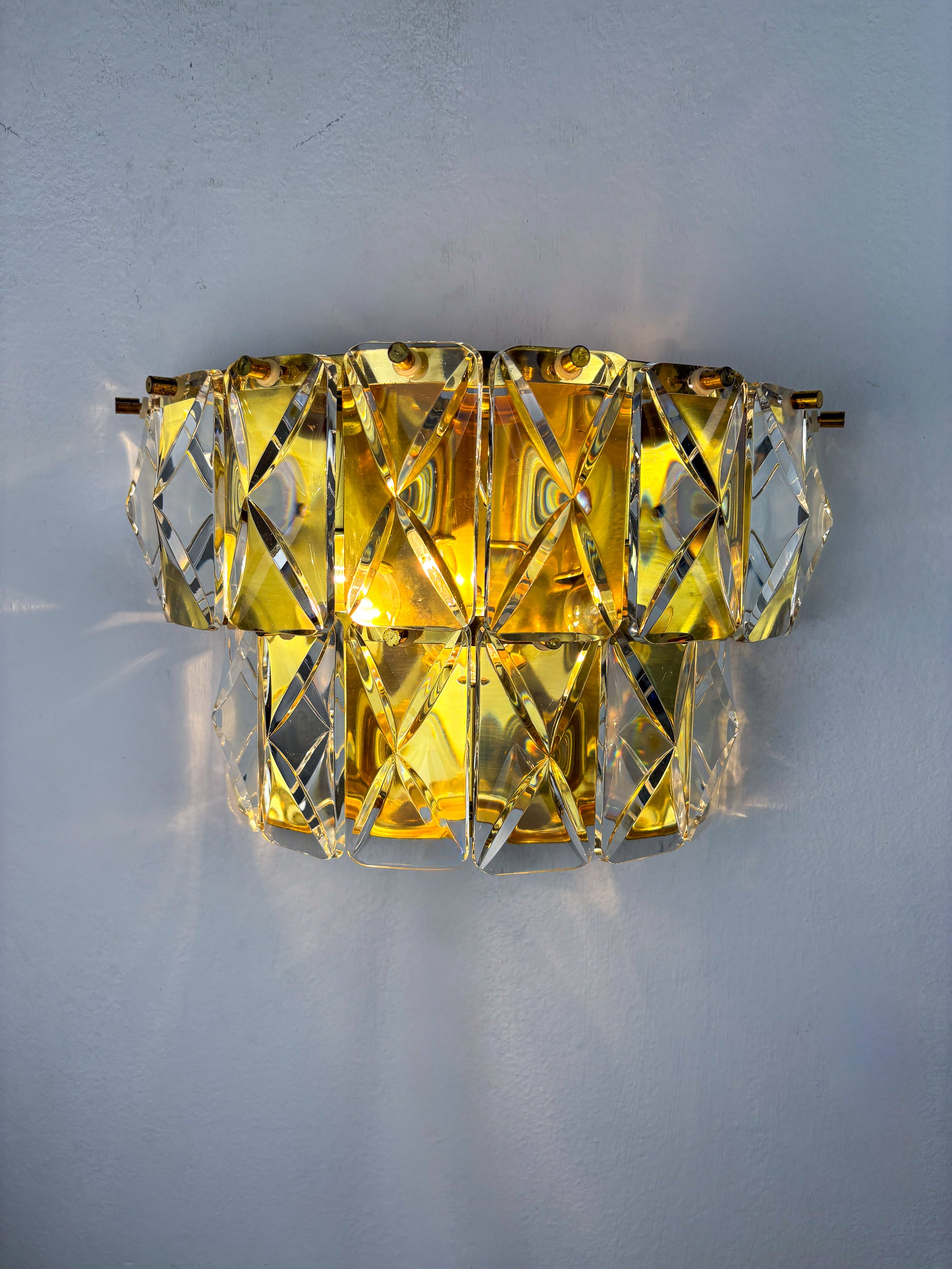 Pair of Kinkeldey 2-Tier Cut Crystal Wall Sconce, Gilt Brass, Germany, 1970s