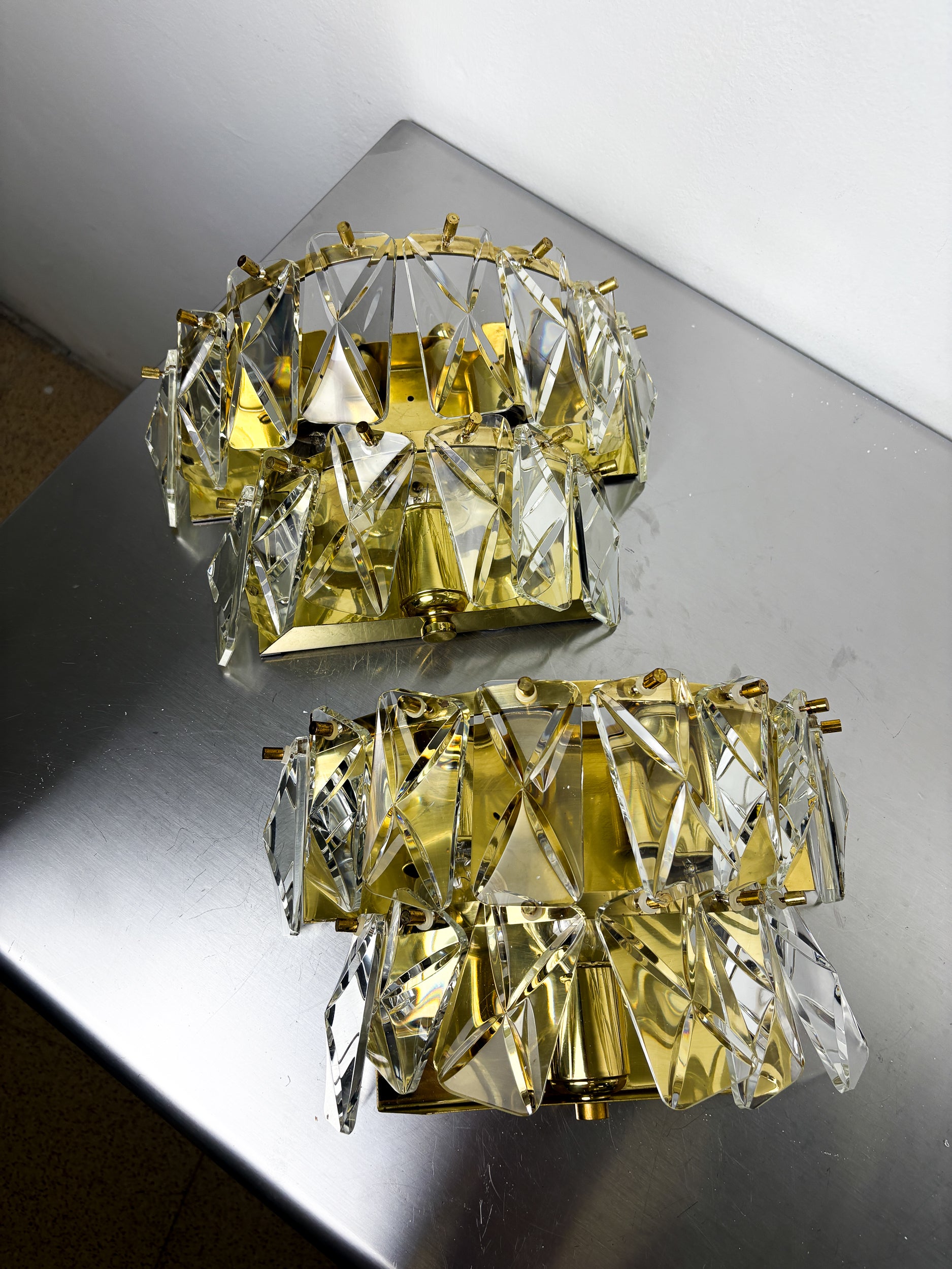 Pair of Kinkeldey 2-Tier Cut Crystal Wall Sconce, Gilt Brass, Germany, 1970s