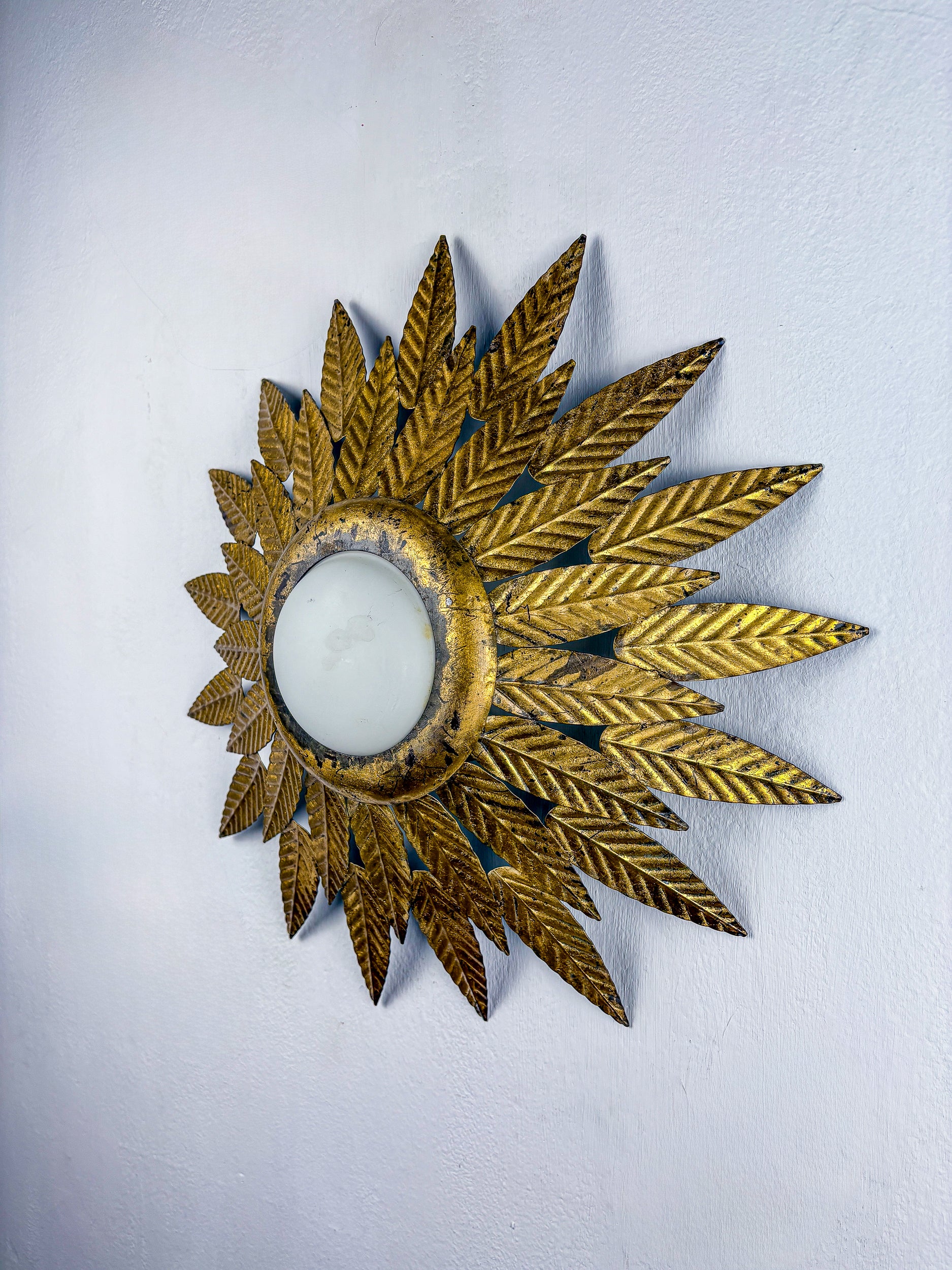 Flower Sunburst Ceiling Light Fixture, Gold Leaf Gilt Iron & Milk Glass, Spain, 1950s