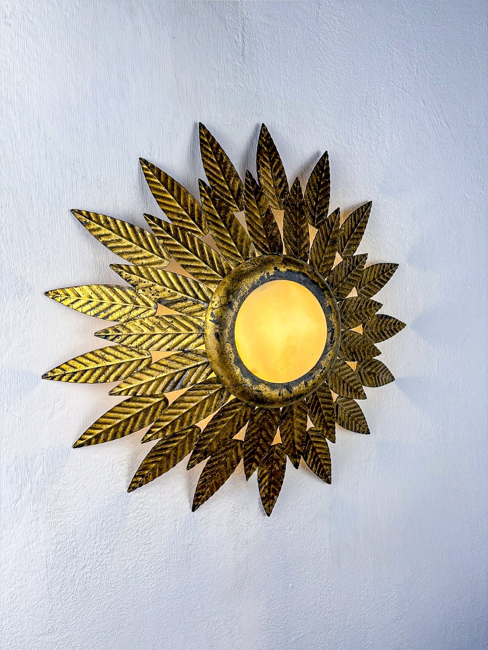 Flower Sunburst Ceiling Light Fixture, Gold Leaf Gilt Iron & Milk Glass, Spain, 1950s
