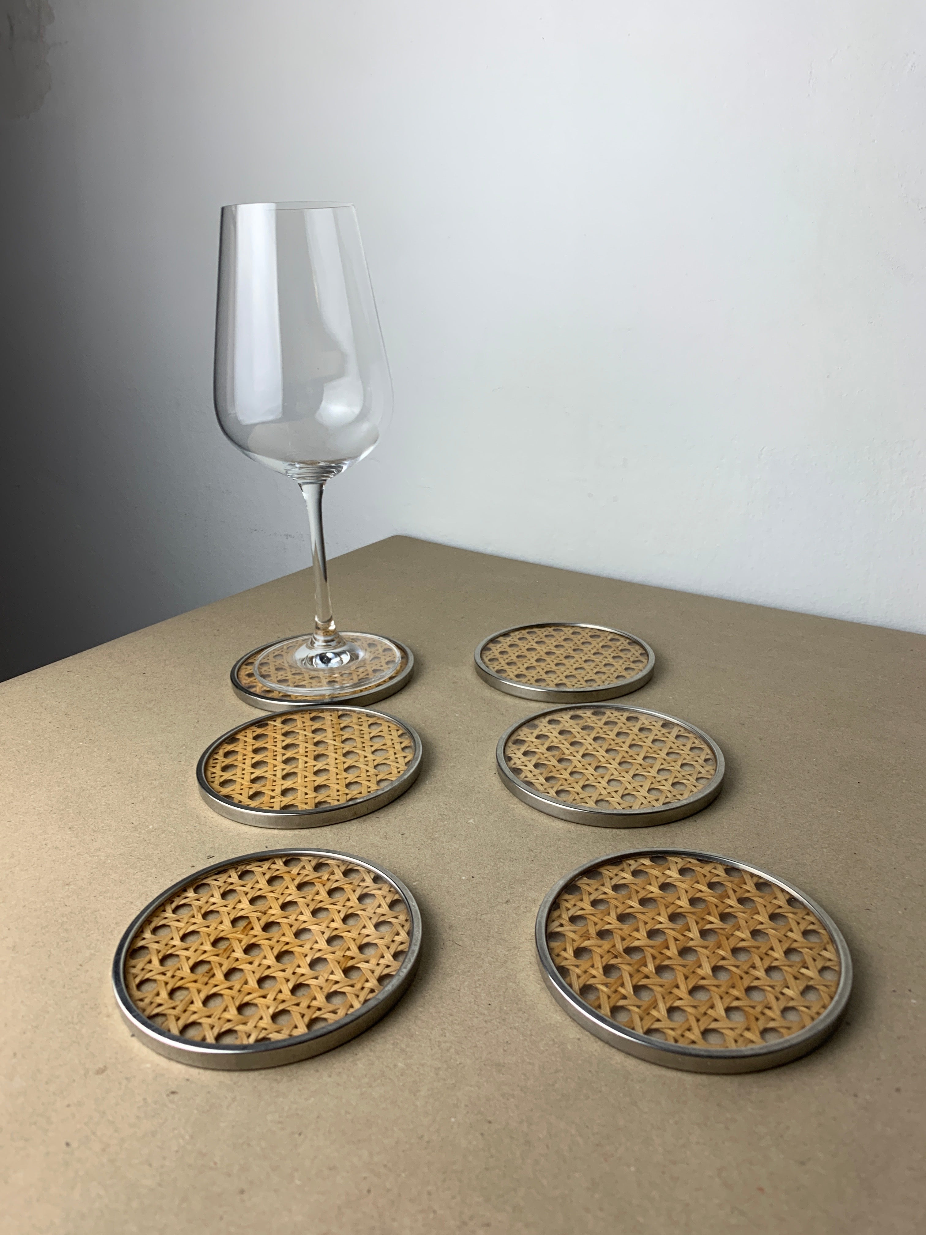 Christian Dior Style Lucite & Rattan coasters, set of 6, Italy, circa 1970's
