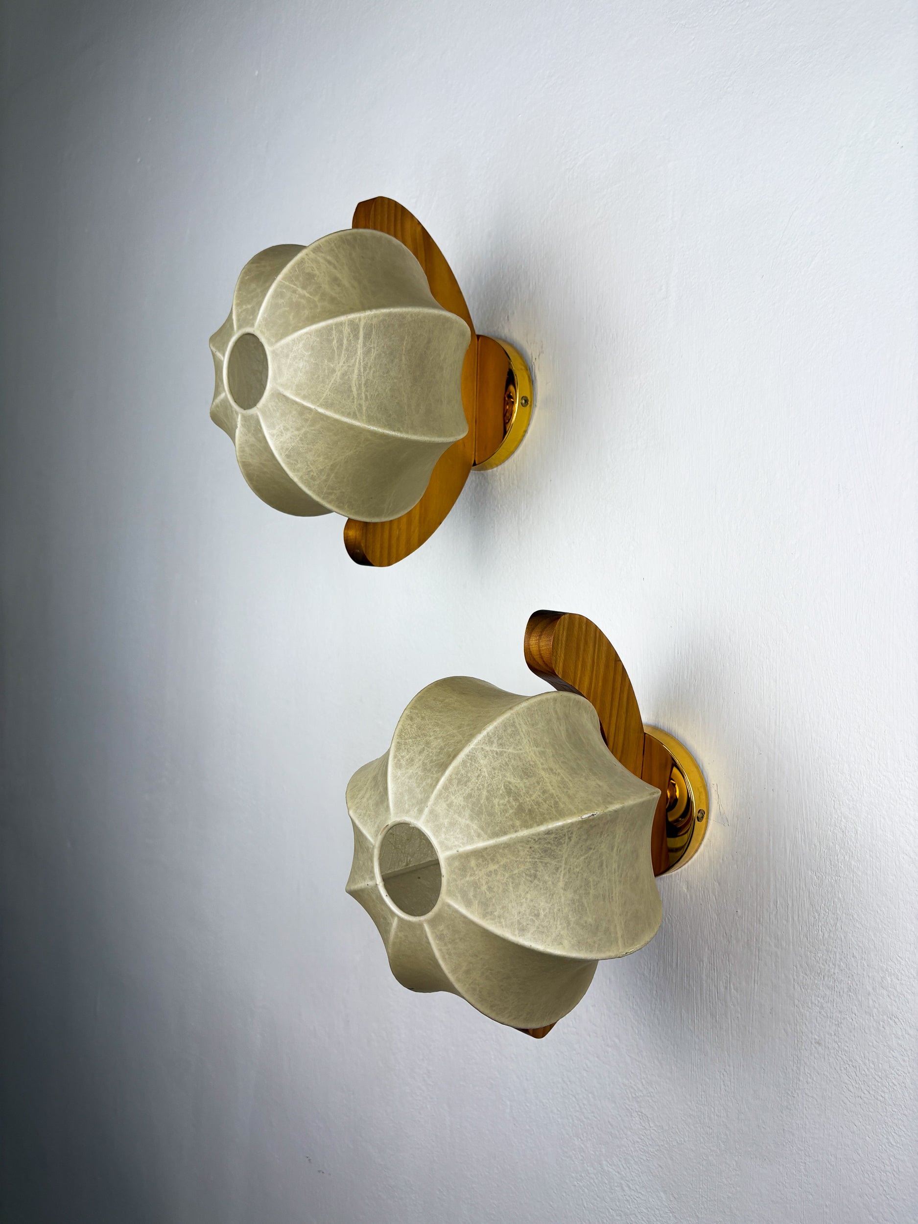 Pair of 1960s Cocoon Ceiling Lights or Sconces, Resin & Pine Wood, Italy