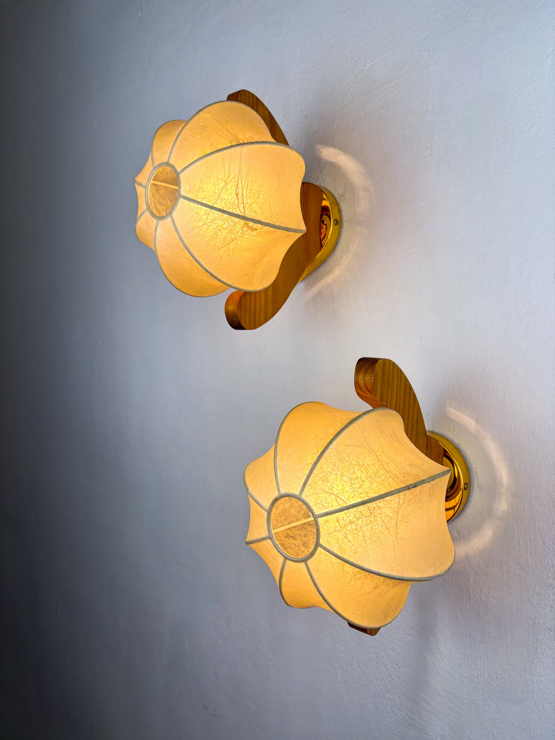 Pair of 1960s Cocoon Ceiling Lights or Sconces, Resin & Pine Wood, Italy
