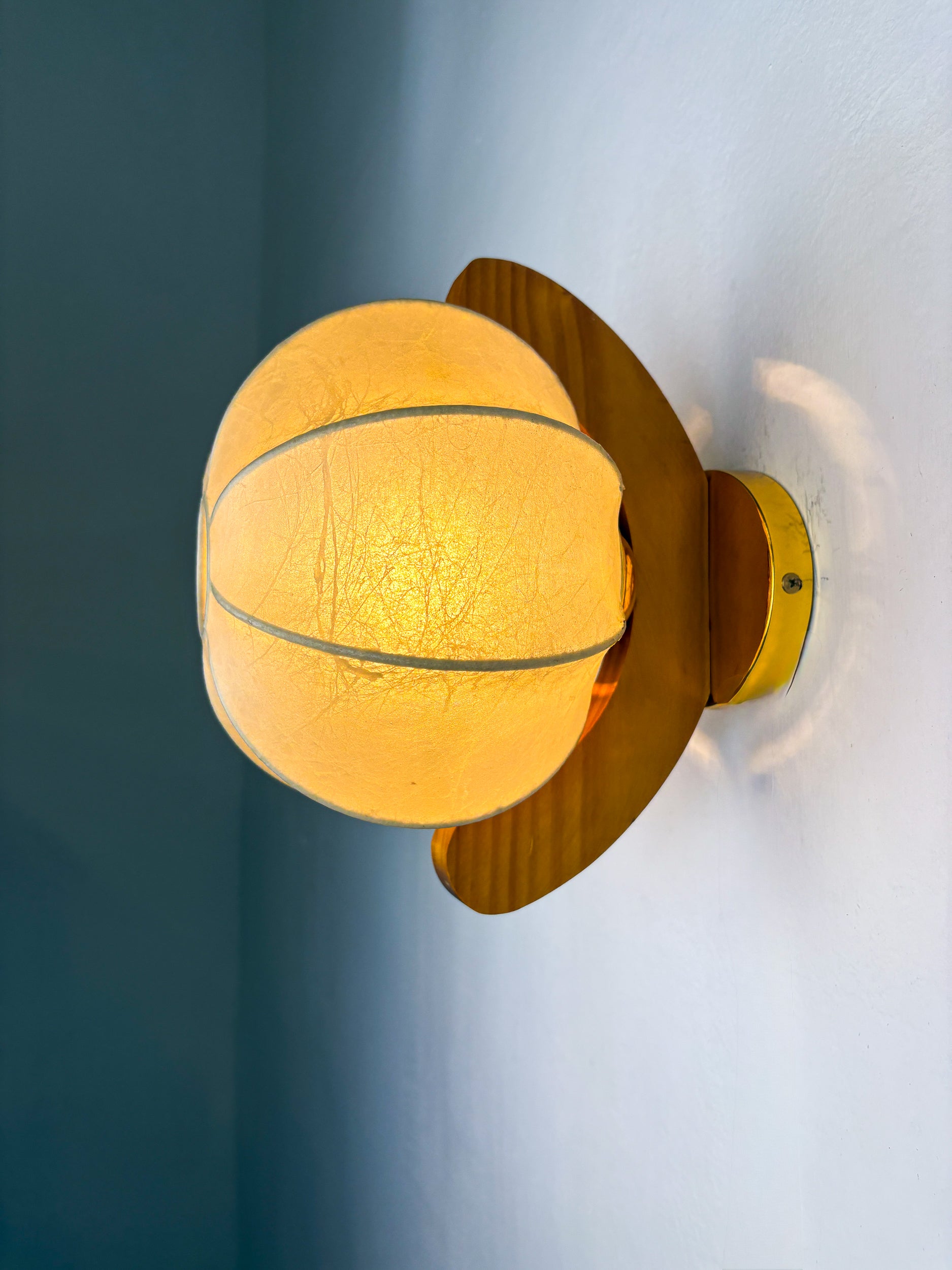 Pair of 1960s Cocoon Ceiling Lights or Sconces, Resin & Pine Wood, Italy