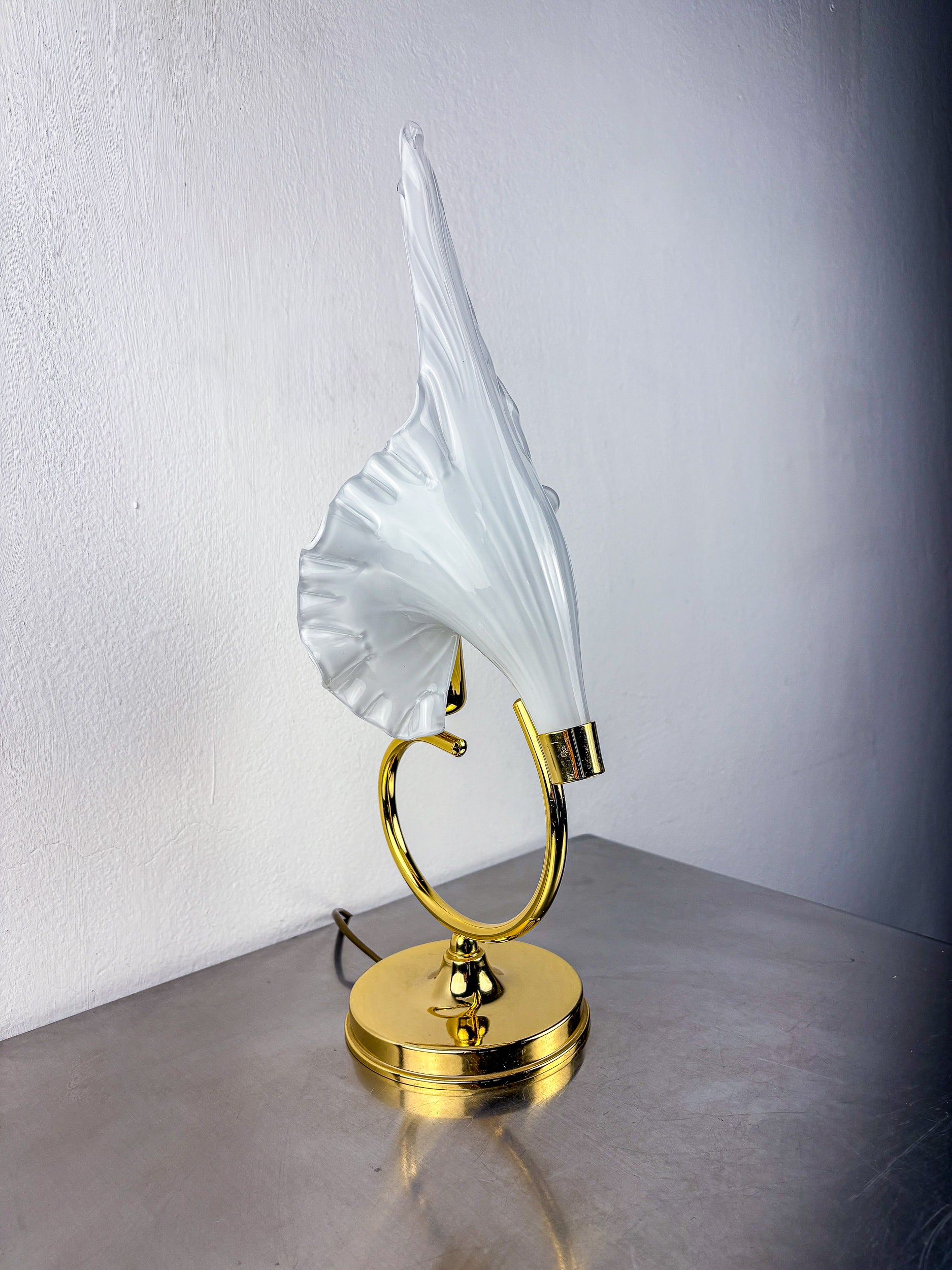 Italian White Calla Lily flower table lamp, murano glass, 1970's