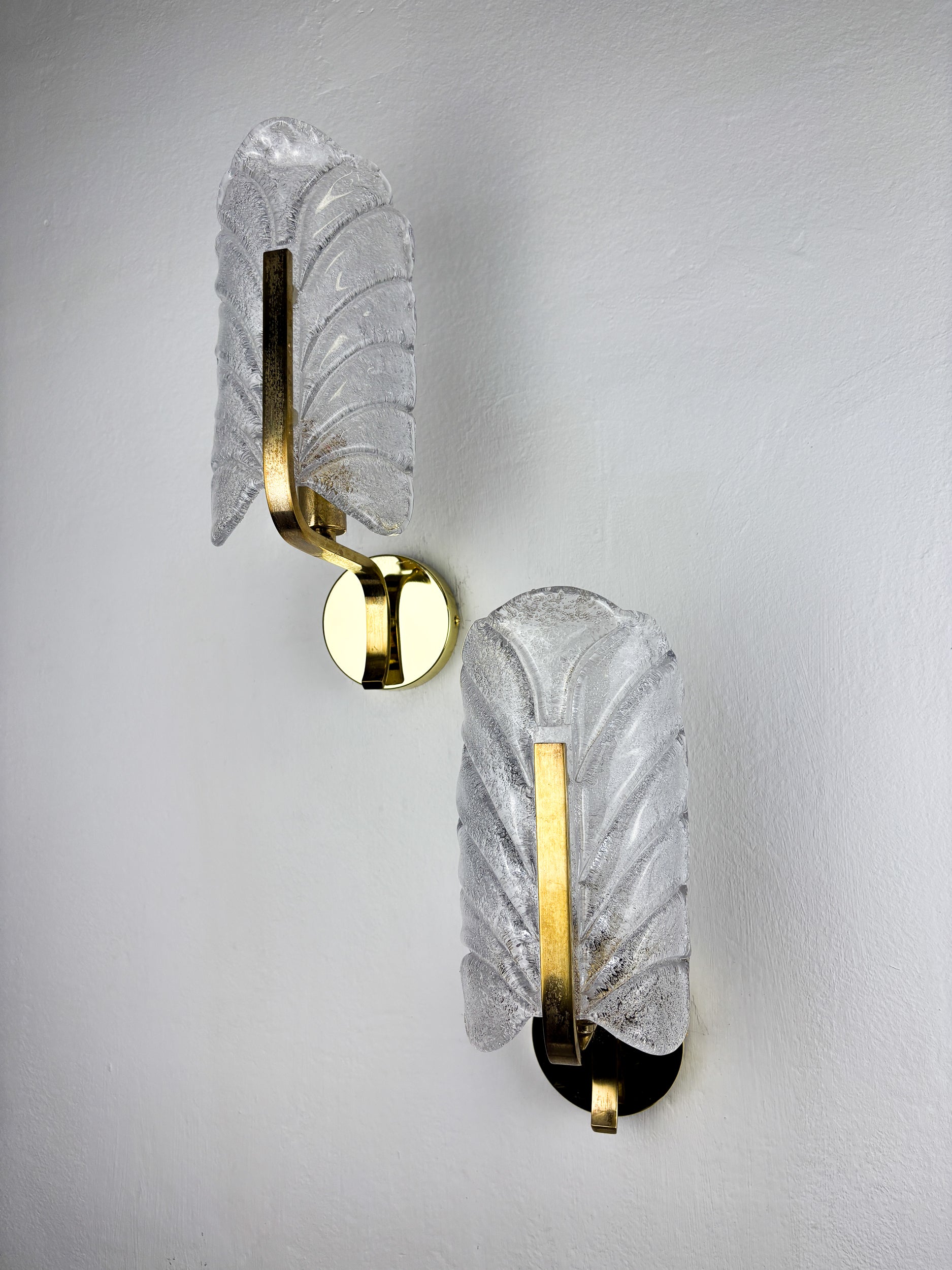 Pair of Murano Frosted Leaf Sconces, Textured Glass & Gilt Brass, Italy, Circa's 1970