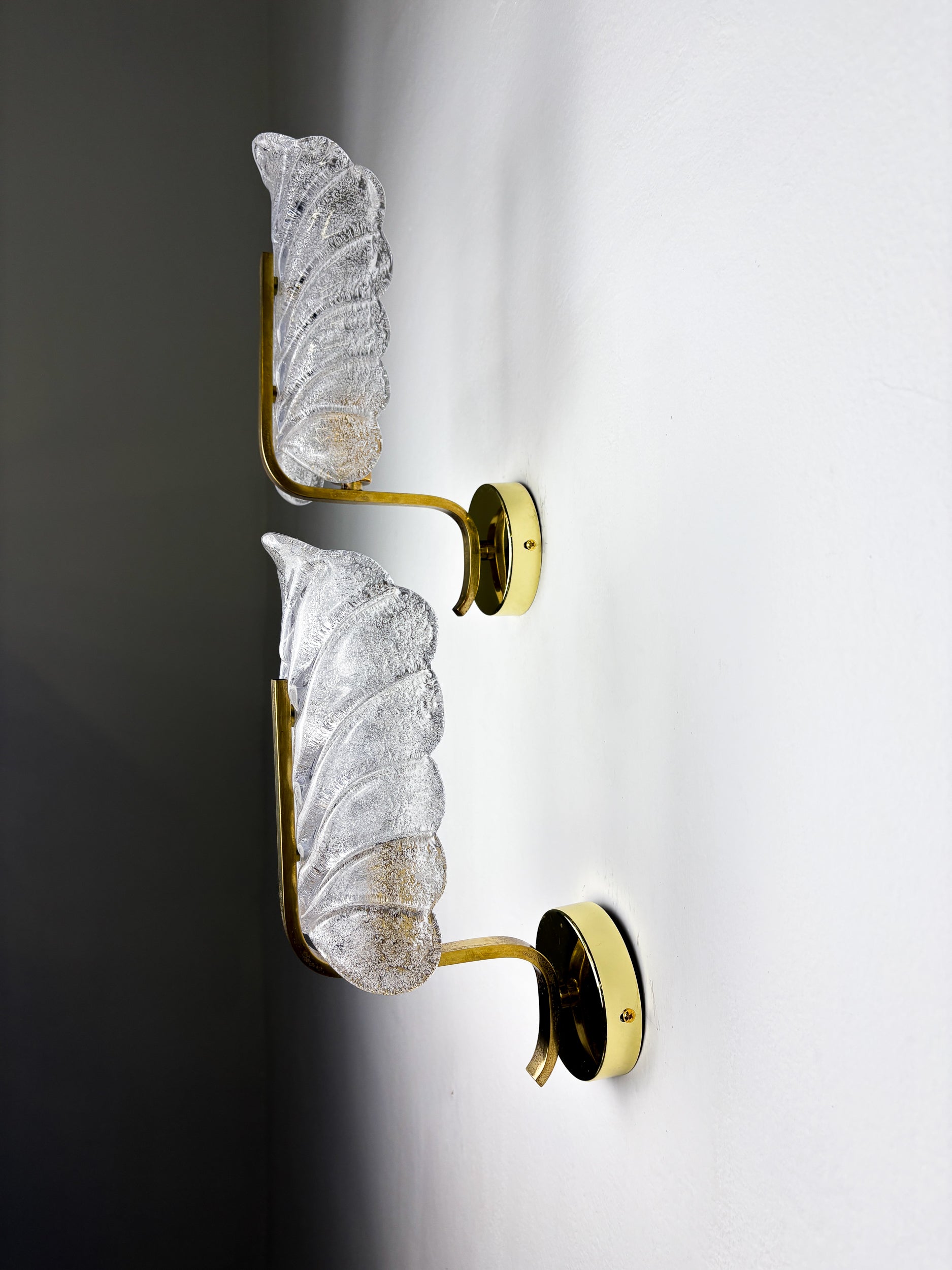 Pair of Murano Frosted Leaf Sconces, Textured Glass & Gilt Brass, Italy, Circa's 1970