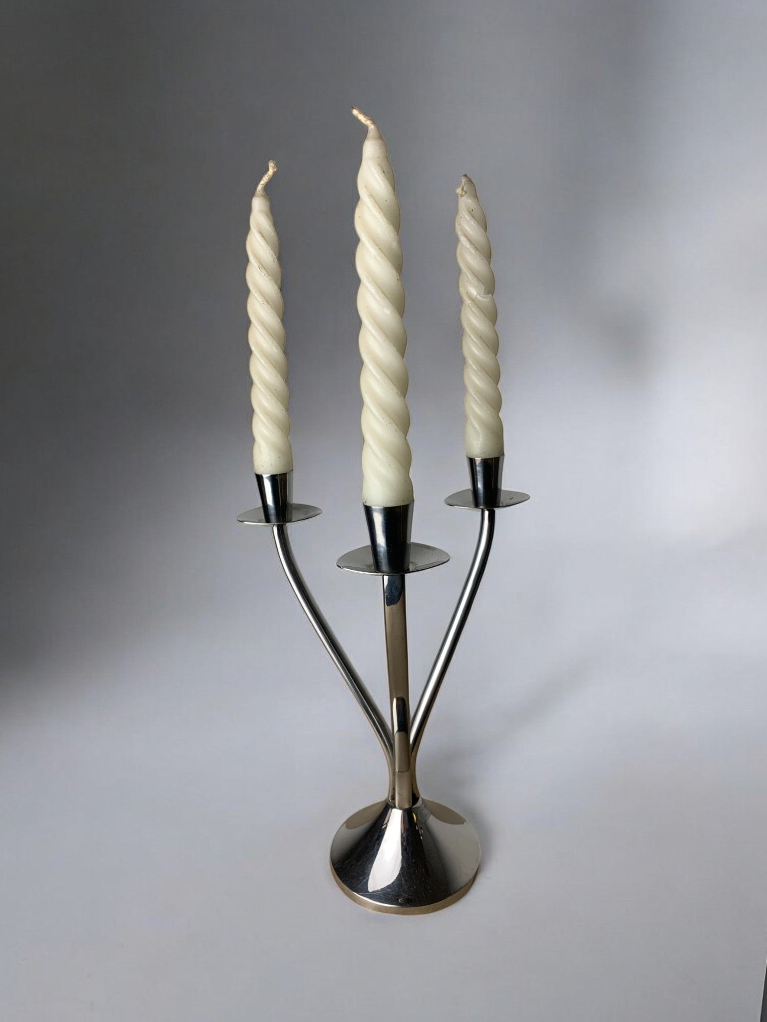 Art deco candlestick in stainless steel 3 flames, Spain, Circa 1970