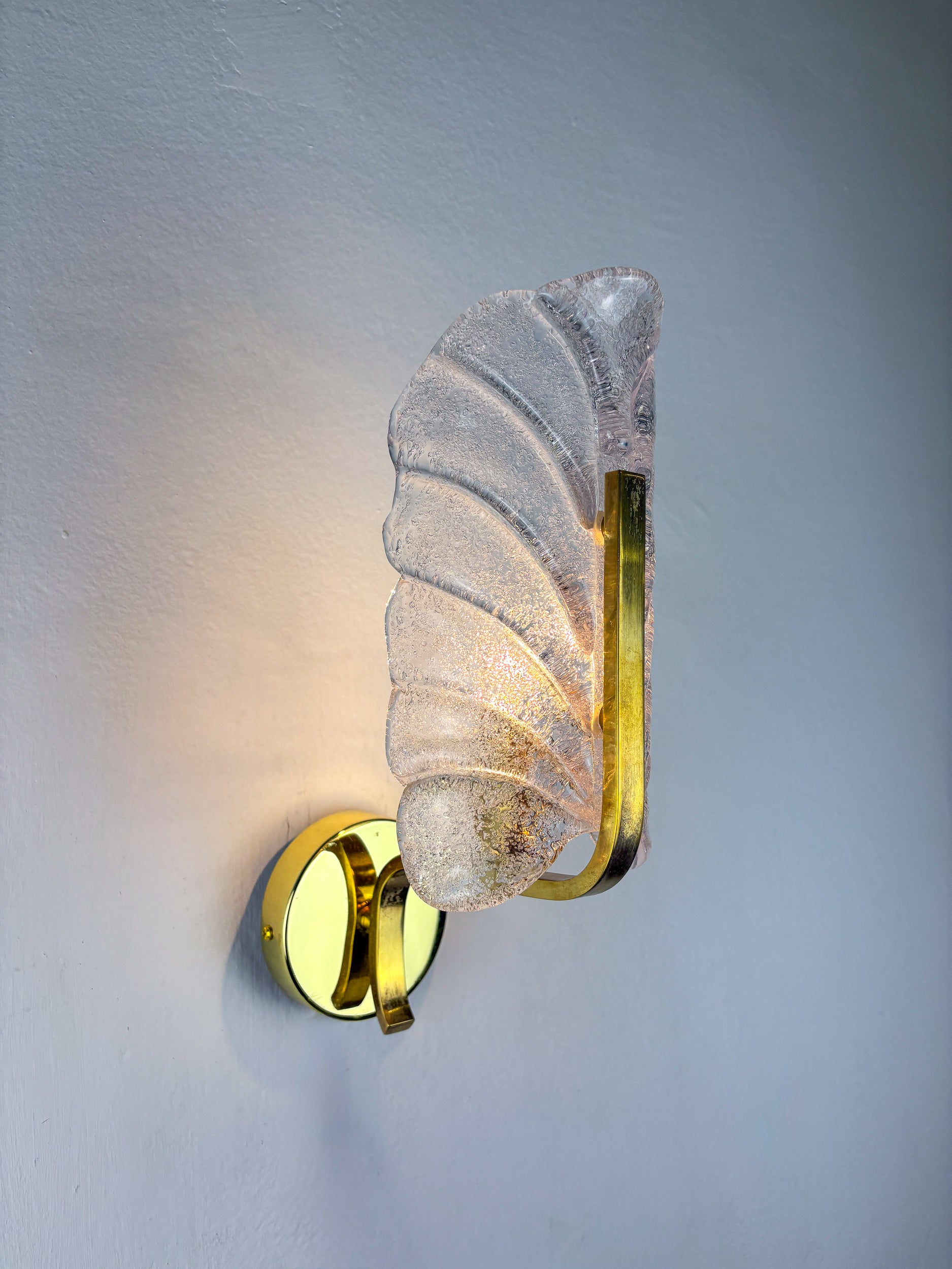 Pair of Murano Frosted Leaf Sconces, Textured Glass & Gilt Brass, Italy, Circa's 1970