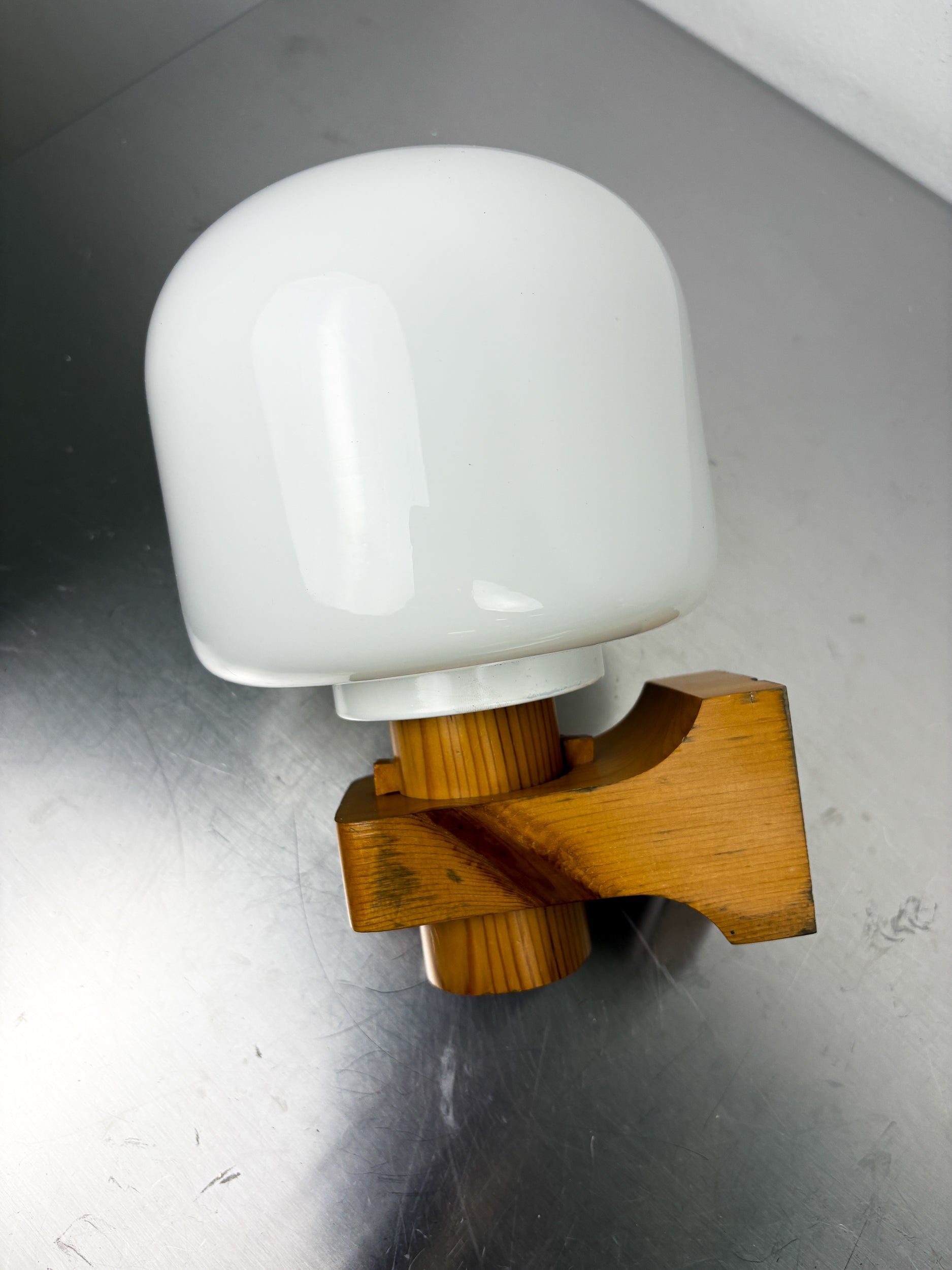 Scandinavian Pine Wood & Opaline Wall Light – Denmark 1970s